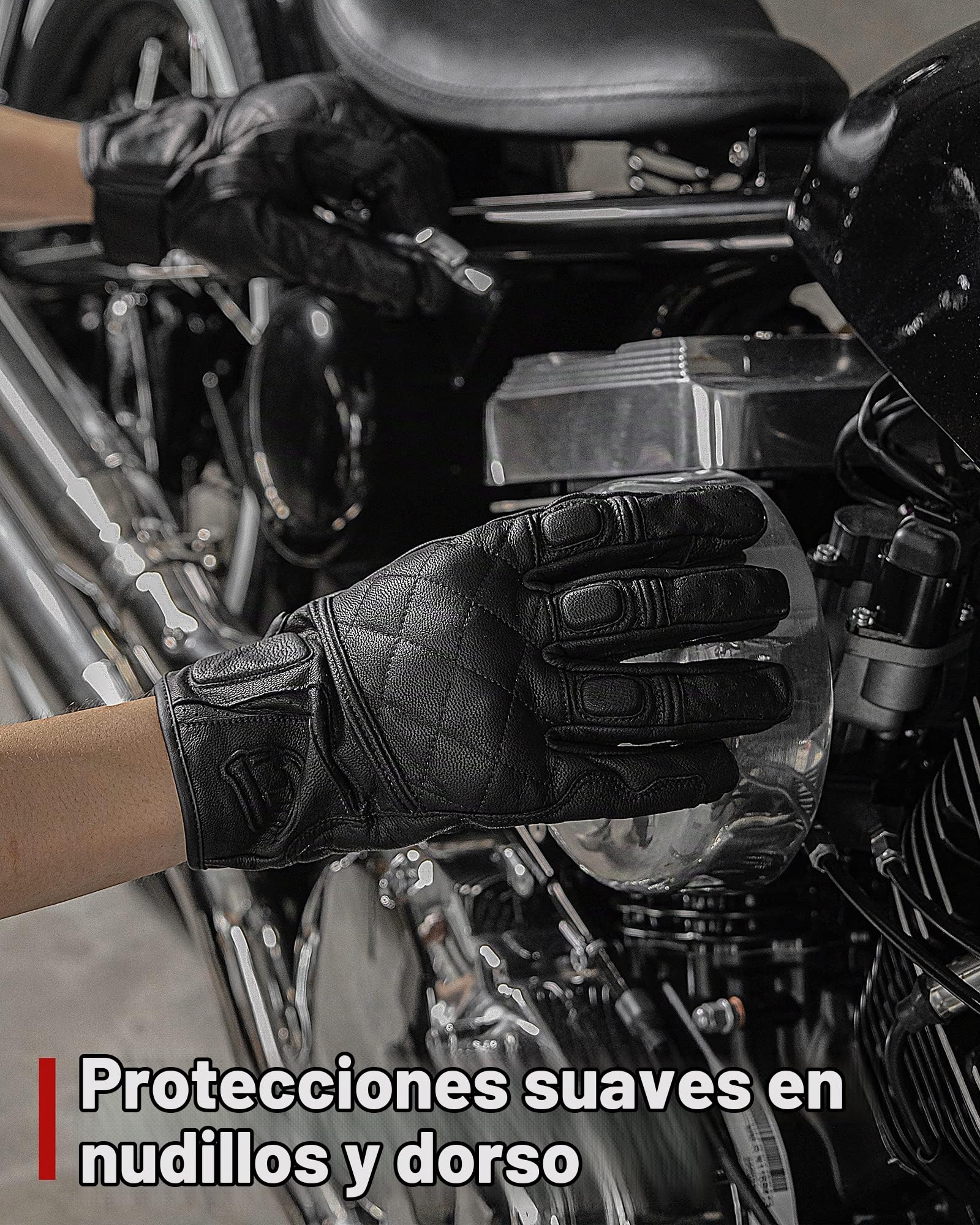 BORLENI Guantes de Moto de Cuero de Piel de Cabra con Pantalla Táctil con Protección de Nudillos de Dedo Completo para Hombre Transpirable para Verano Negro