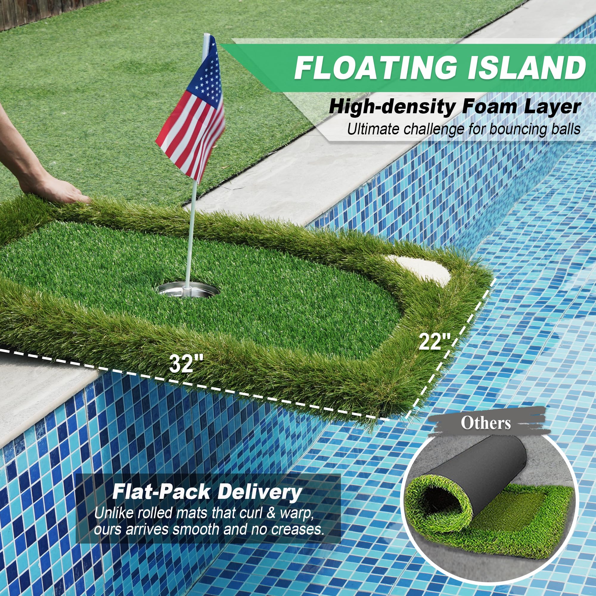 SENSECLUB Vert flottant pour piscine, jeu de golf flottant avec tapis de copeaux et 12 balles en mousse