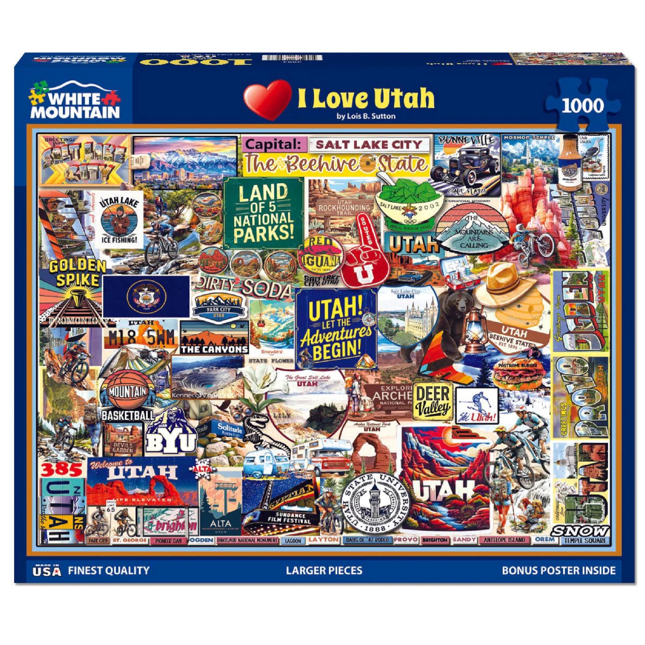 White Mountain 1000 Piece Jigsaw Puzzle Beehive State Collage Puzzles with Large Pieces, Gift for Adults and Family 24"x30" - I Love Utah