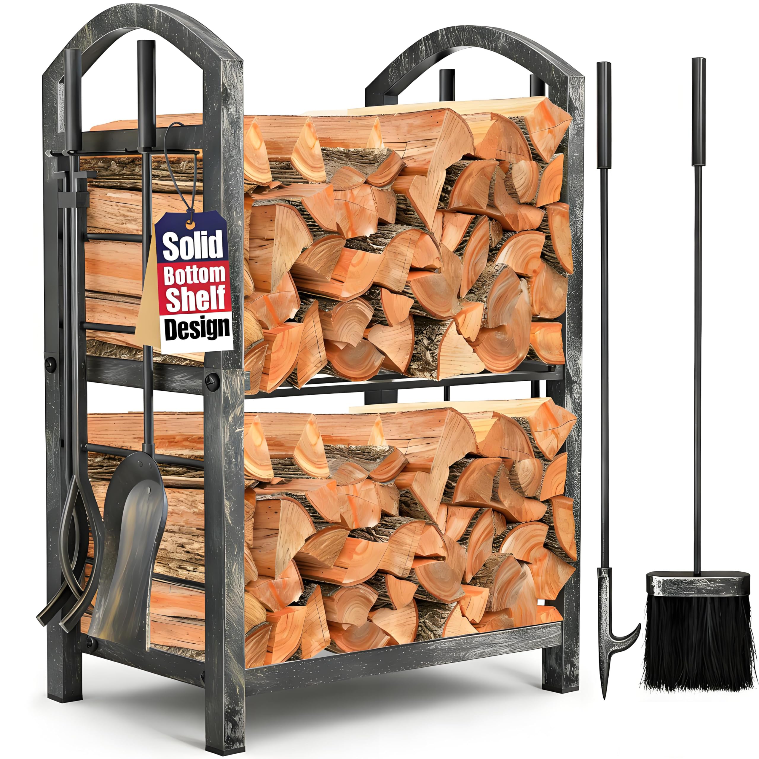 Amagabeli Firewood Rack Indoor 5 Pieces Fireplace Tools Set Fire Wood Holder with Tongs Poker Brush and Shovel Outdoor Log Rack Solid Wrought Iron Fireplace Set Kit Wood Stove Accessories Pewter-image-2