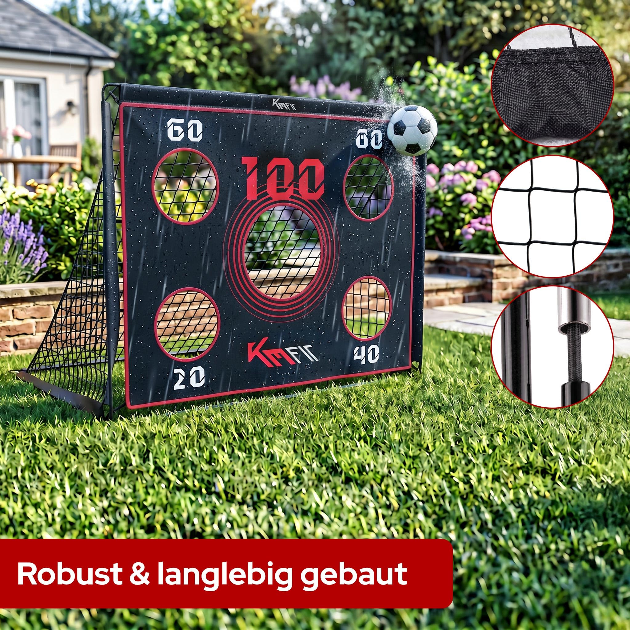 KM-Fit Fußballtor | Fußball Trainingsset für Kinder & Erwachsene | Trainingstor für Garten & Outdoor | Inkl. Bodenanker & Tragetasche