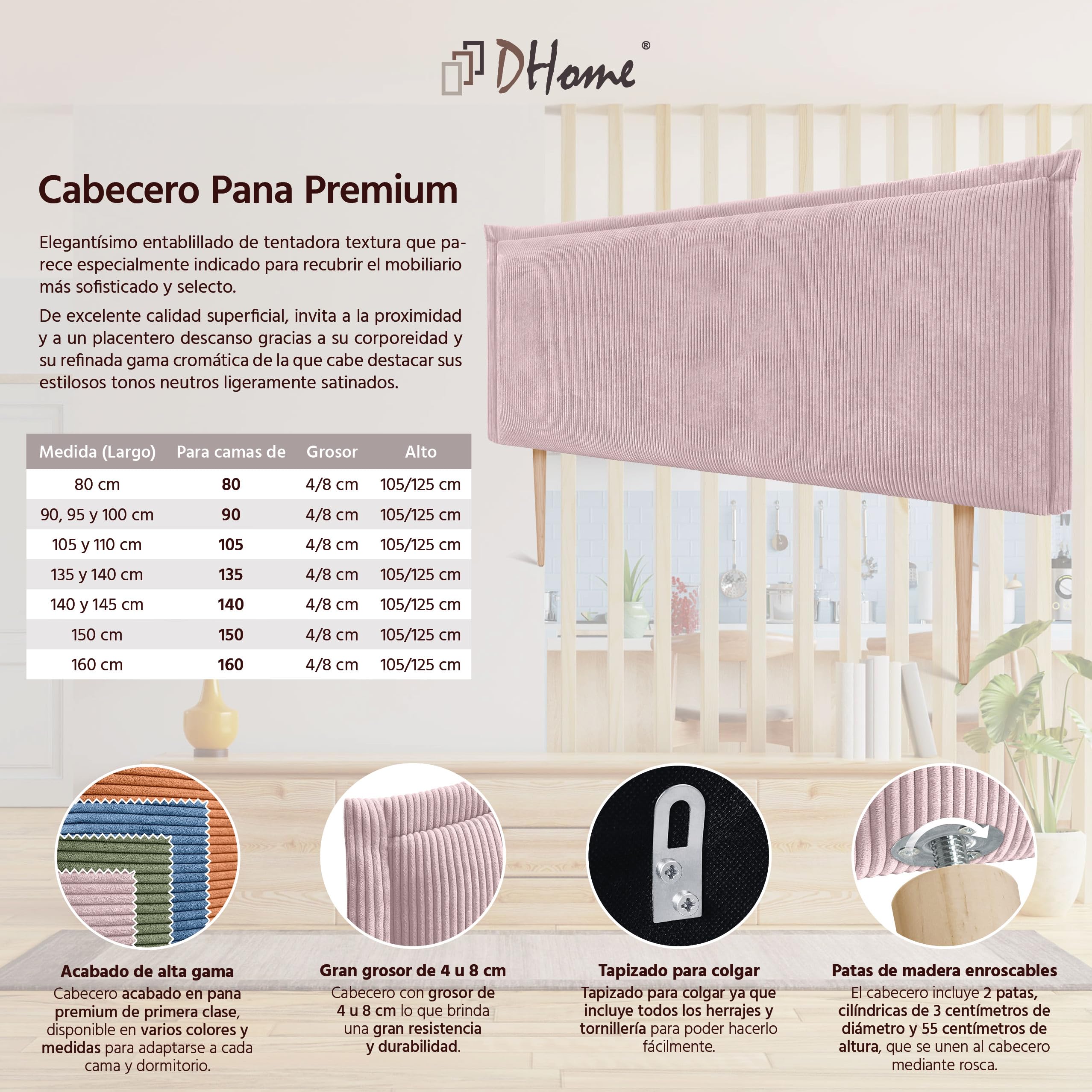 DHOME Tête de Lit Rembourrée en Velours Côtelé Premium avec Passepoil et Pieds Murale Acoustique et Absorbante pour Lit Chambre Moderne Top Tendance (Rose Poudré, 4cm Ép., 125cm H., 160cm)
