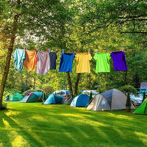 Miniatura 4 de Windyun Cuerda de ropa de viaje portátil ajustable de 26 pies, cuerda de secado de lavandería con 24 pinzas coloridas a prueba de viento, 24