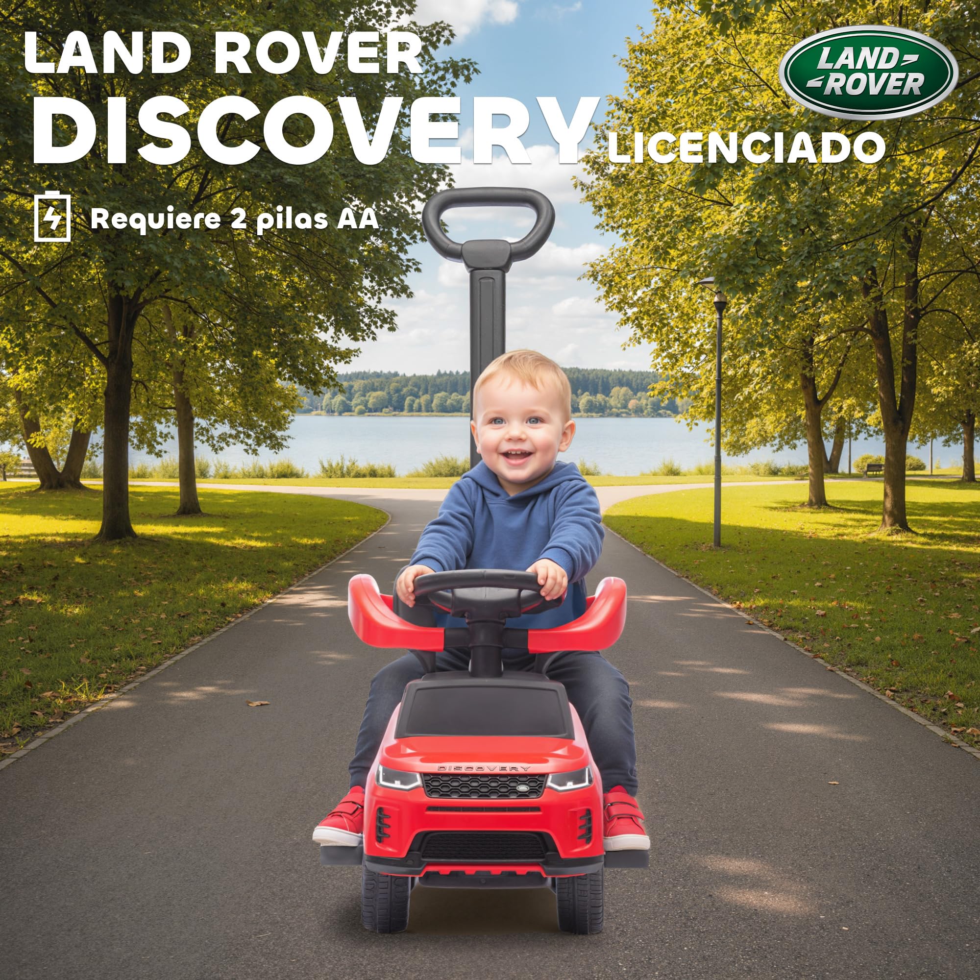 AIYAPLAY Coche Correpasillos 2 en 1 para Niños de 18-36 Meses Land Rover Discovery, Correpasillos con Espacio de Almacenaje, Bocina, Volante, Mango de Empuje y Barandilla Extraíbles, Rojo