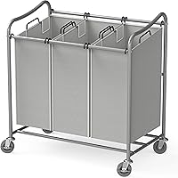 Vista 2 de Simple Houseware Carrito clasificador de lavandería de 3 bolsas resistente + cesta plegable para ropa sucia