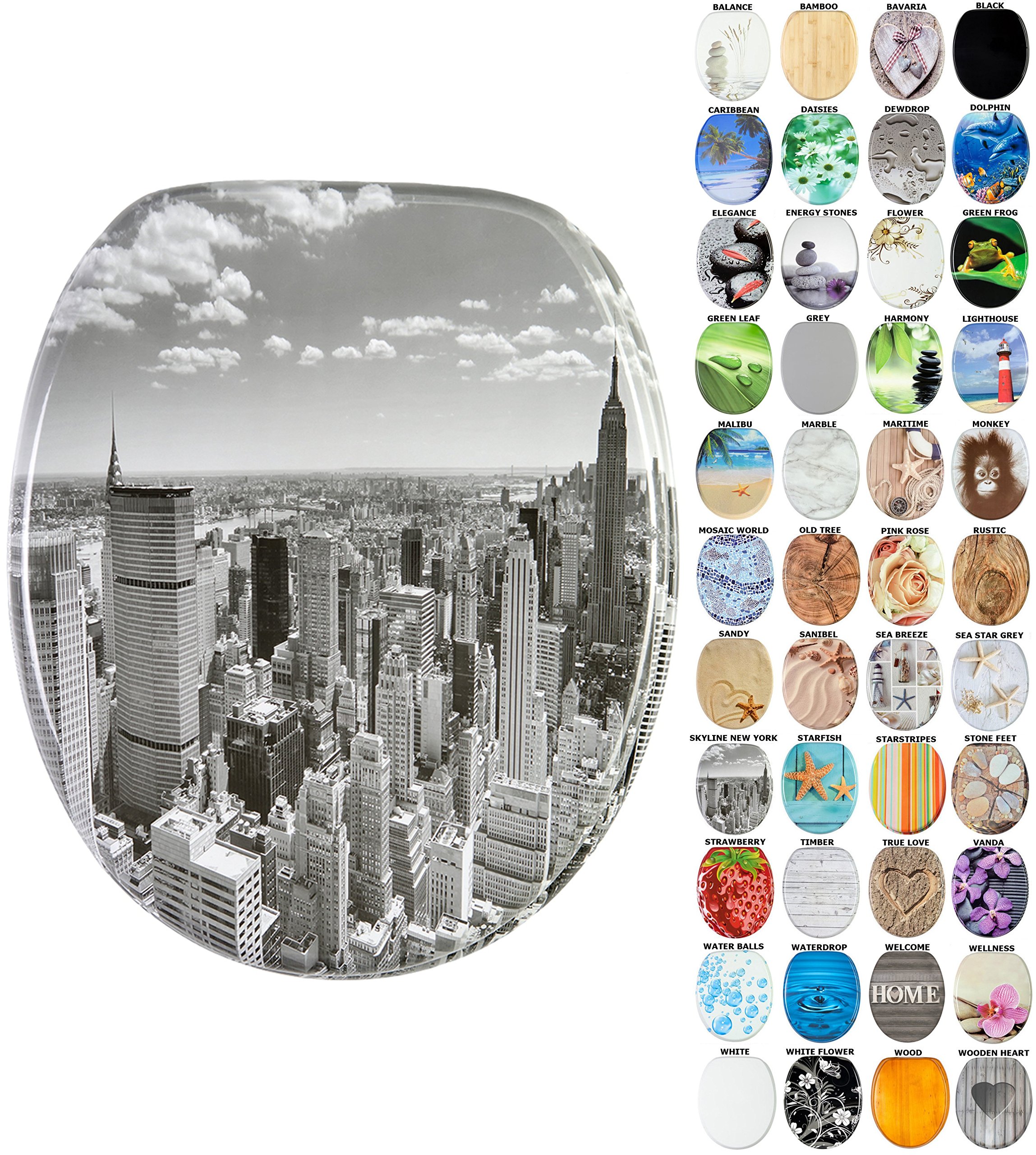 Sanilo Soft Close Toilet Seat, Wide Choice of New Toilet Seats, Stable Hinges, Easy to Mount (Skyline New York) — image 1