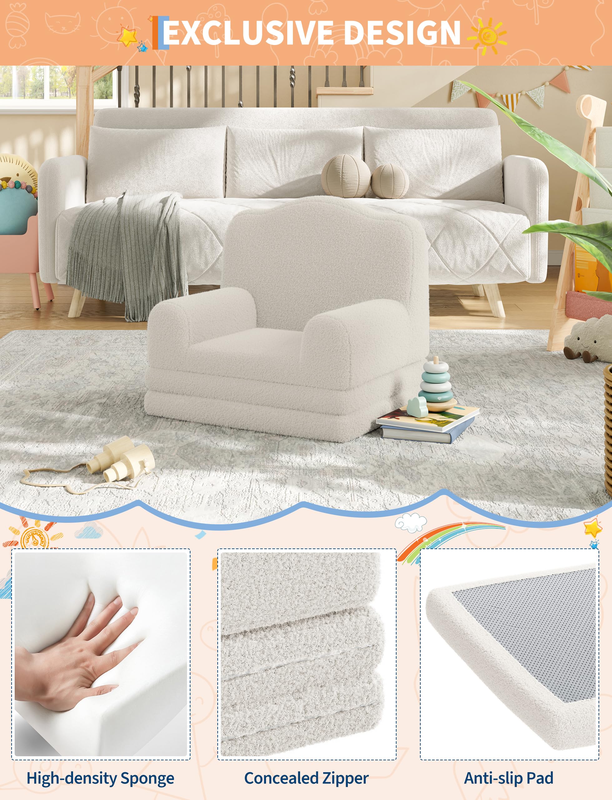 Fauteuil Enfant Convertible 1 Place,2 en 1 Canapé lit Convertible en Mousse Haute densité,Dossier Haut,Antidérapant,Chauffeuse Enfant lit Convertible pour Chambre,Salon(132x58x5cm,Beige)