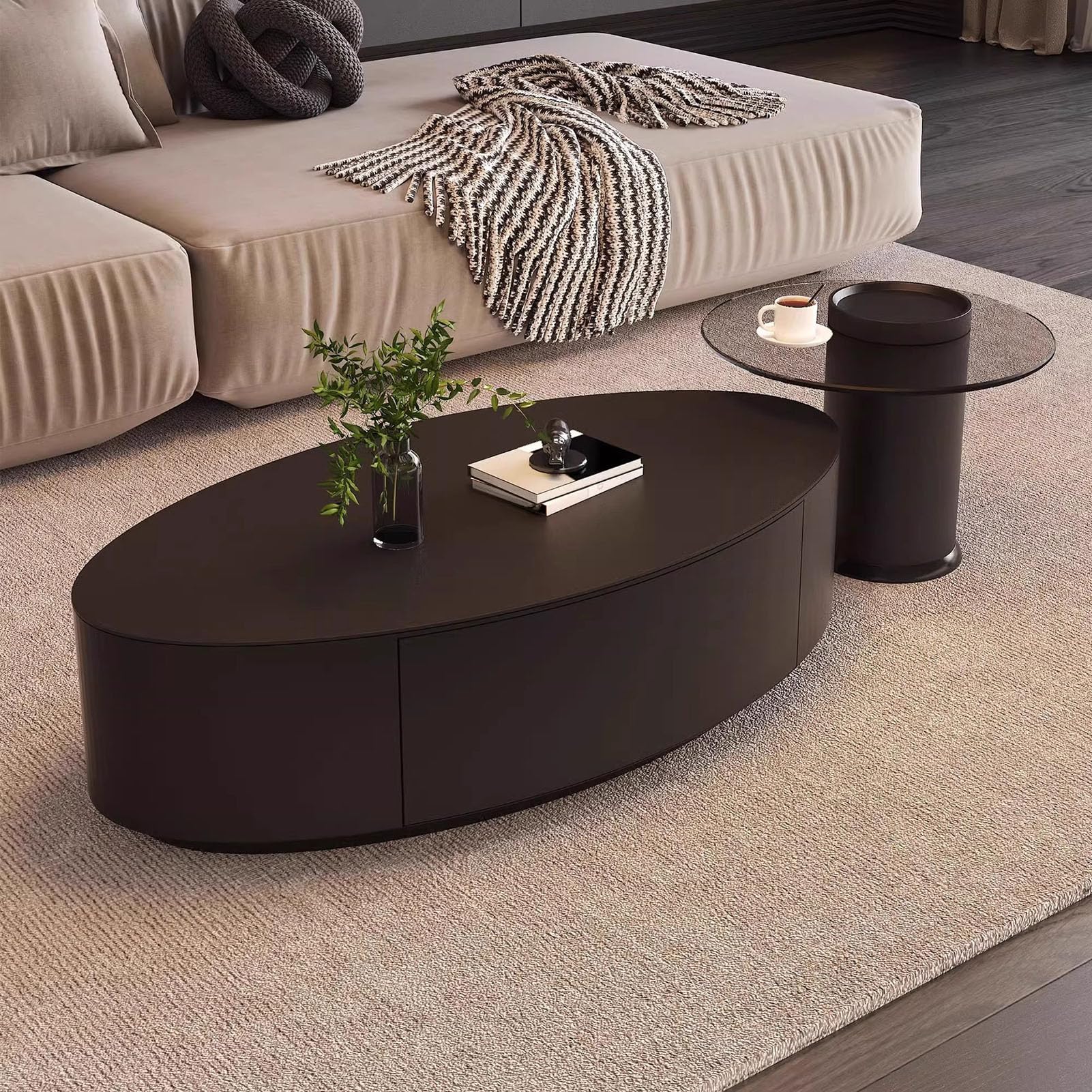 SXZenSpace Oval Nesting Faux Marble Coffee Table,Set of 2 Round Glass End Table Stacking Side Tables Modern Center for Living Room,A,120cm(47")+60cm(24")