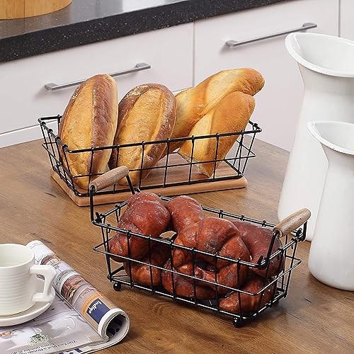 Miniatura 4 de SunnyPoint Cesta rectangular de alambre de 2 niveles para encimera de frutas color negro metal  base de madera