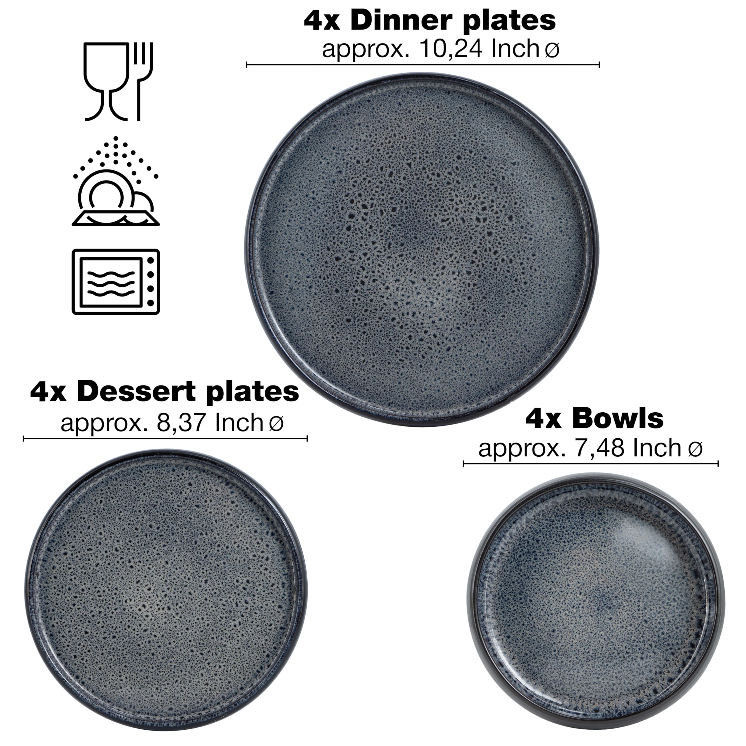 Moritz & Moritz Set di stoviglie in gres per 4 persone, 12 pezzi, set di ciotole e piatti in robusto gres porcellanato, servizio da tavola per 4 persone, serie Solid