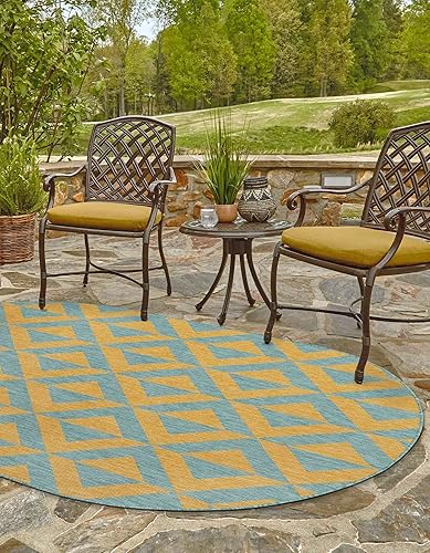 Vista 209 de Unique Loom Unique Loom Outdoor Collection - Alfombra de área - Napa (3 pies 3 pies, redonda, amarillo y aguamarina/amarillo)