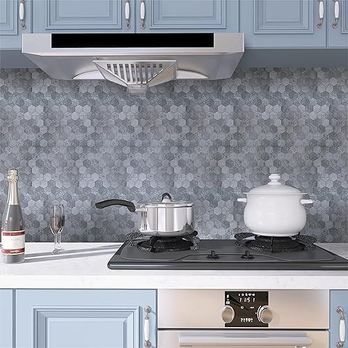 Miniatura 2 de Kieacia Azulejo de mosaico hexagonal autoadhesivo de PVC de 10 hojas con patrón floral gris plateado para cocina, baño, tocador, mantel de mesa