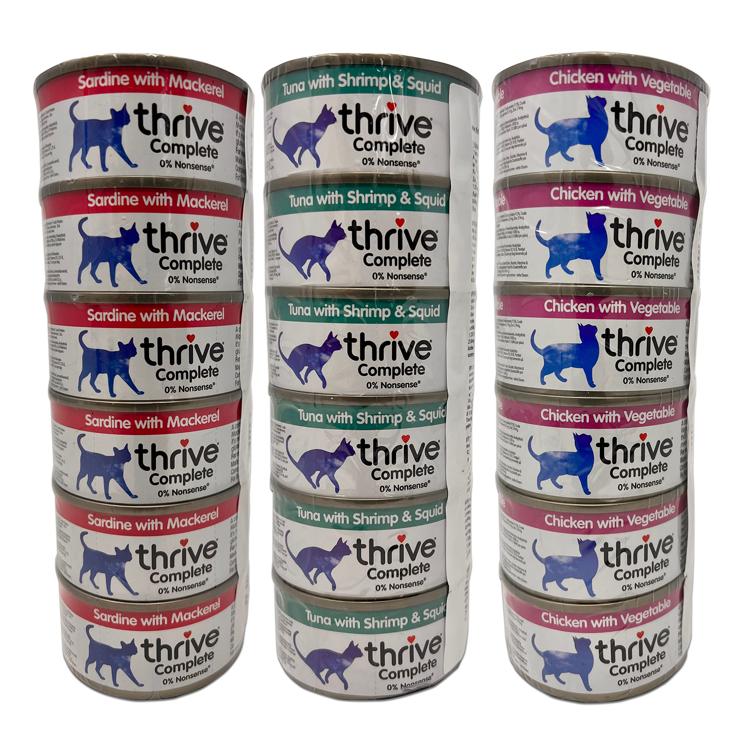 Thrive Cat Food Wet Complete Bundle: 18 Tinned Sets (6 x Sardine & Mackerel, 6 x Tuna with Shrimp & Squid, 6 x Chicken & Vegetables)