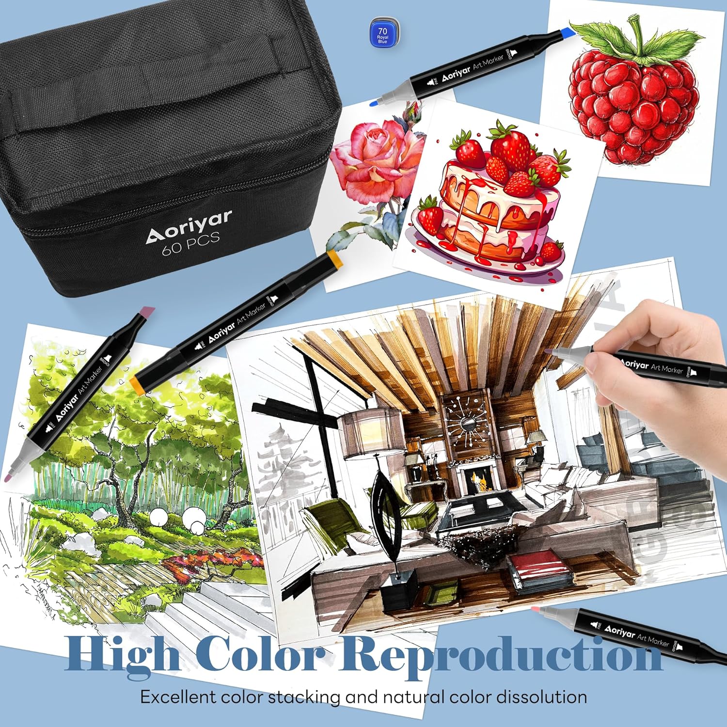 Alcohol Markers Dual Tip Art - 60 Colors Marker Set Adult Brush Tip Drawing Pens for Kids Professional Artist Coloring Alcohol Based Art Markers Chisel Tip Double Sided Marker School Painting Gift - Image 2