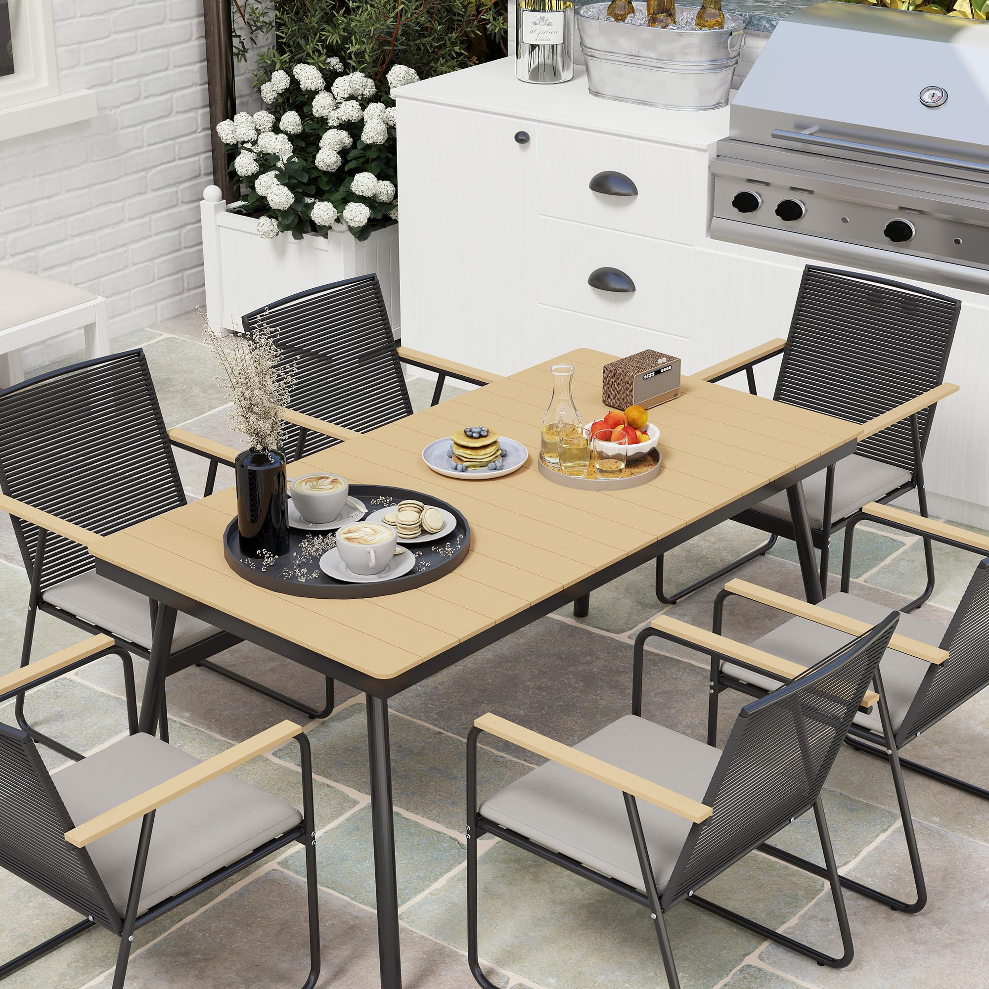 Outsunny Sitzgruppe 7-TLG. Metall Essgruppe 6Per. Gartenmöbel-Set Naturholz | Esstisch, Tisch mit 6 Stühlen, Esszimmergruppe, Küchentisch-Set mit Metallgestell, Balkonmöbel