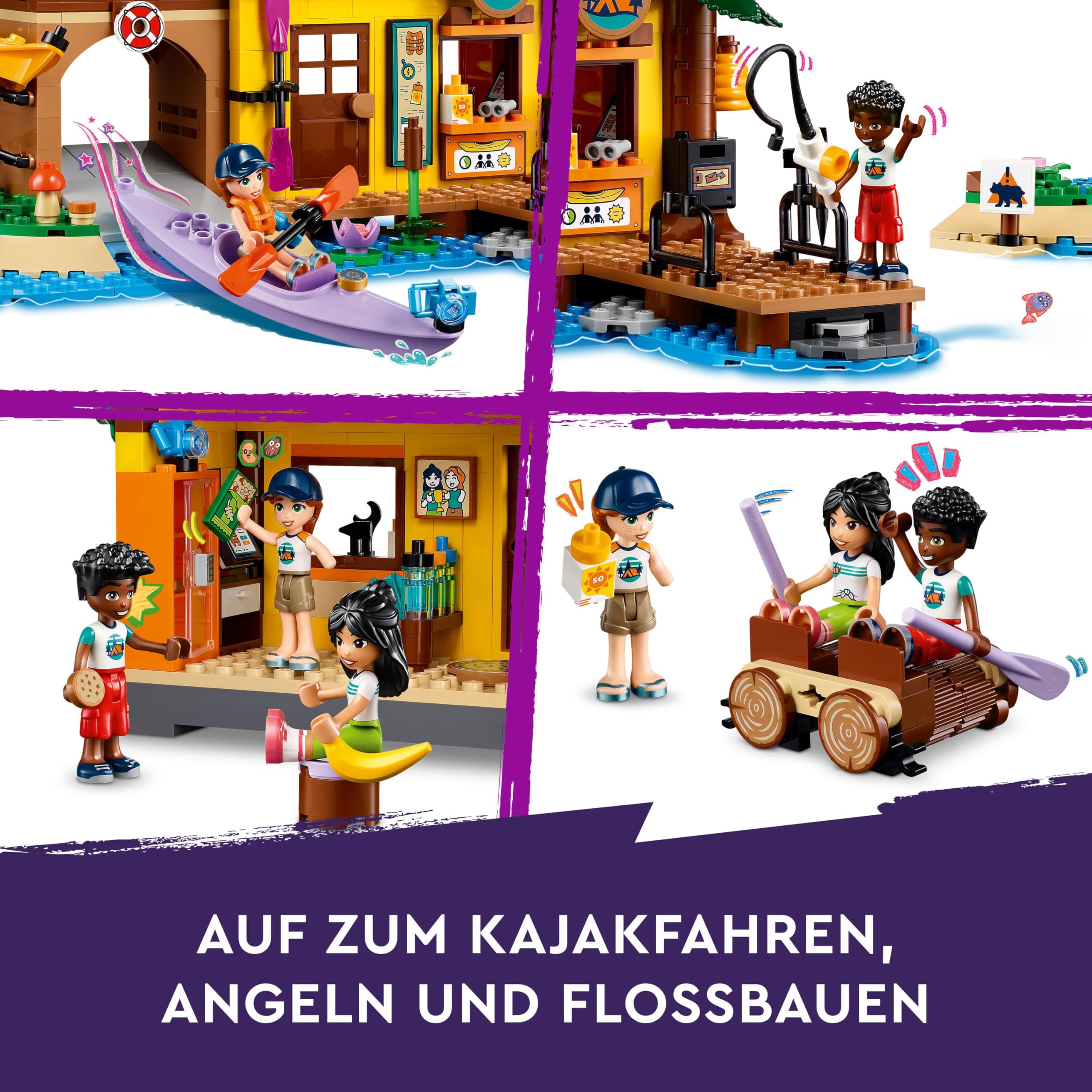 LEGO Friends Abenteuercamp mit Kayak, Bauspielzeug für Rollenspiele, Geschenkidee für Mädchen und Jungen ab 7 Jahren, Set mit 3 Spielfiguren und einem Bären, Camping-Spielzeug 42626