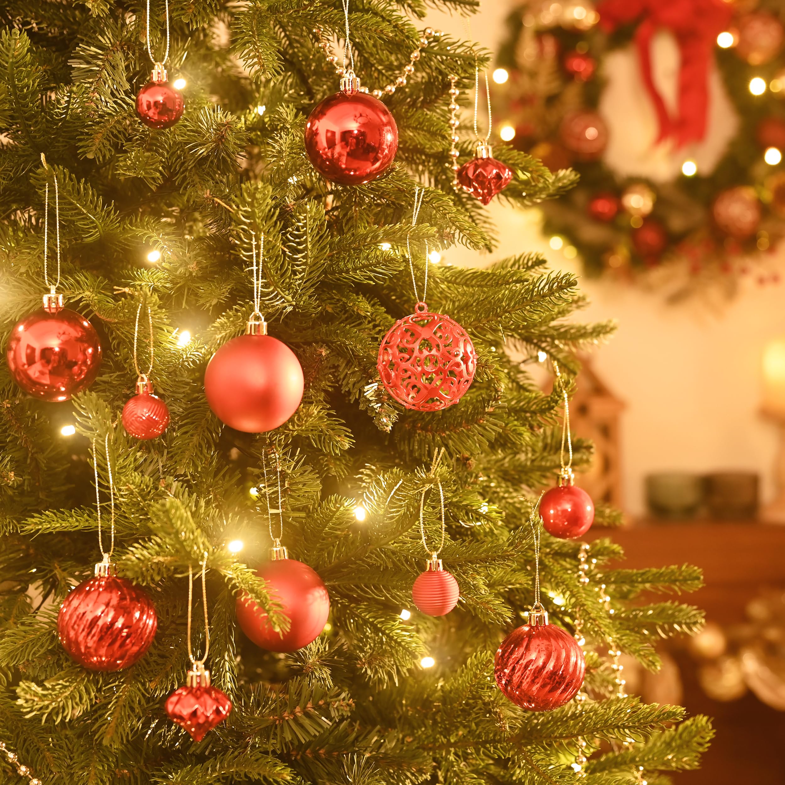 Valery Madelyn Lot de 100 boules de Noël avec paquet cadeau - Décoration de sapin de Noël avec crochet de suspension - Thème rouge