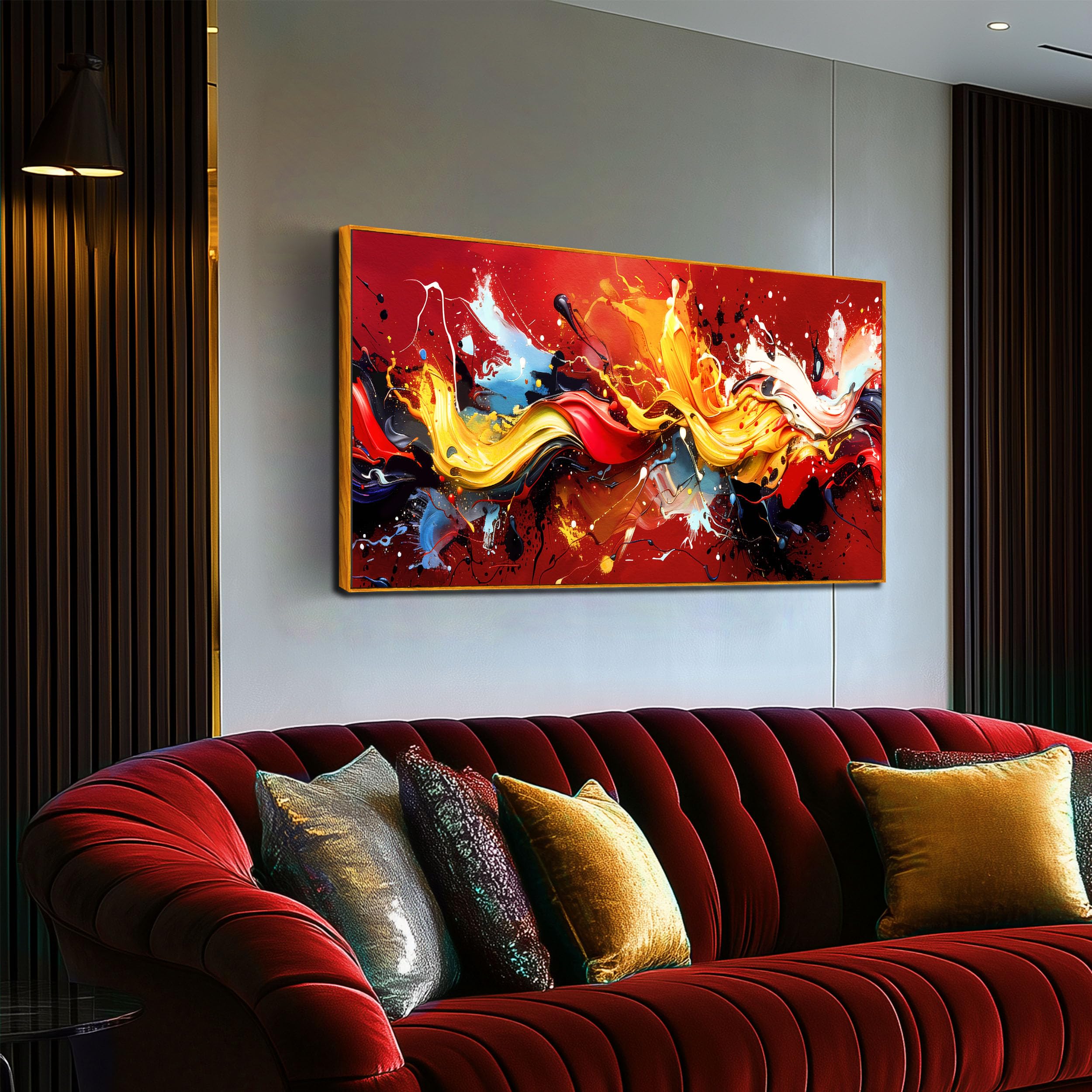 Ouzzlie Red Wall Art Gold Wall Decor Colorful Pictures Azure Blue Abstract Wall Art Decor 24"x 48" in Wall Paintings for Living Room