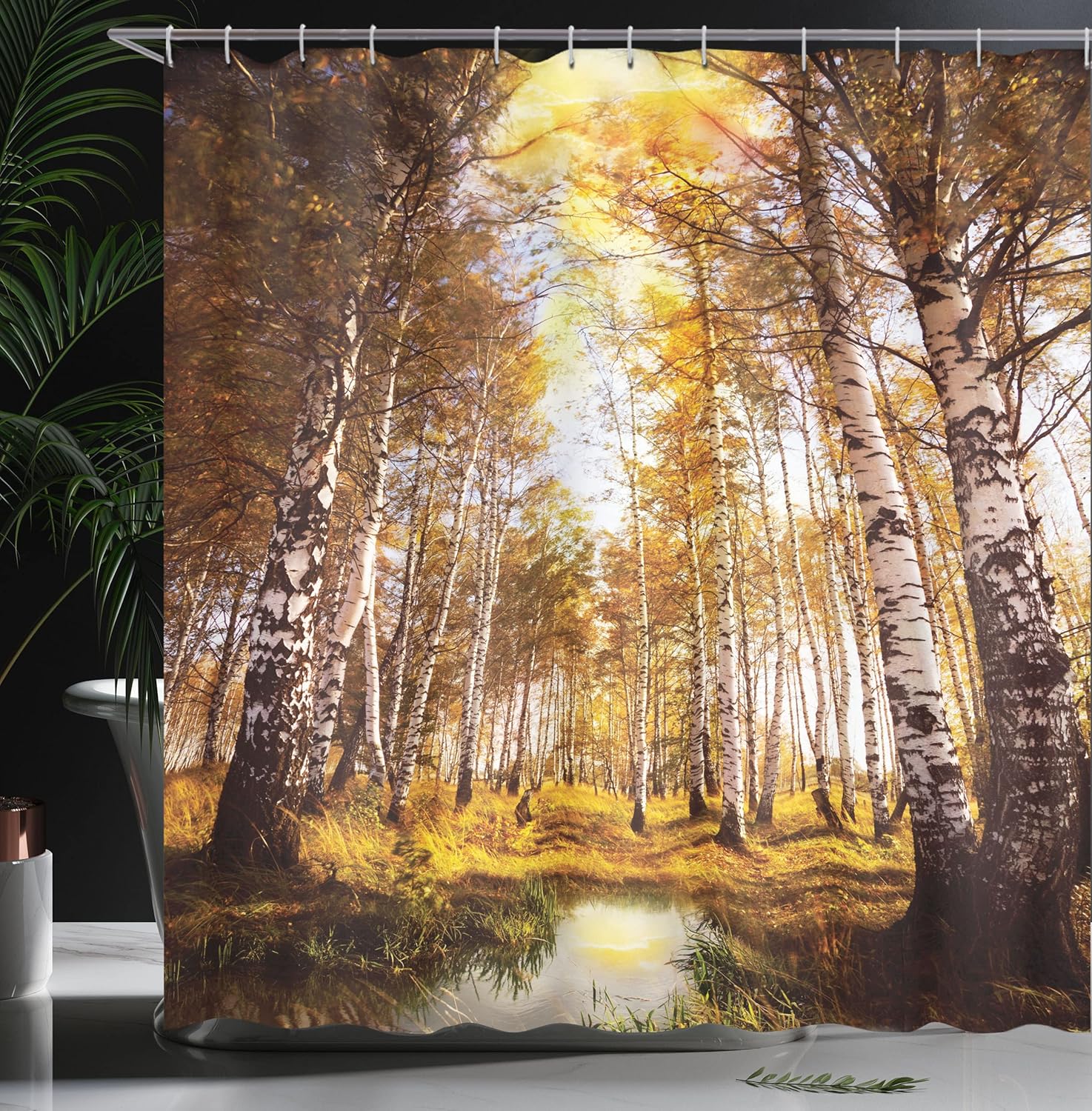 Ambesonne Tree Shower Curtain, Autumn Season Forest in Sun Rays Near The River in Morning Idyllic View Print, Cloth Fabric Bathroom Decor Set with Hooks, 69" W x 70" L, Yellow Brown White