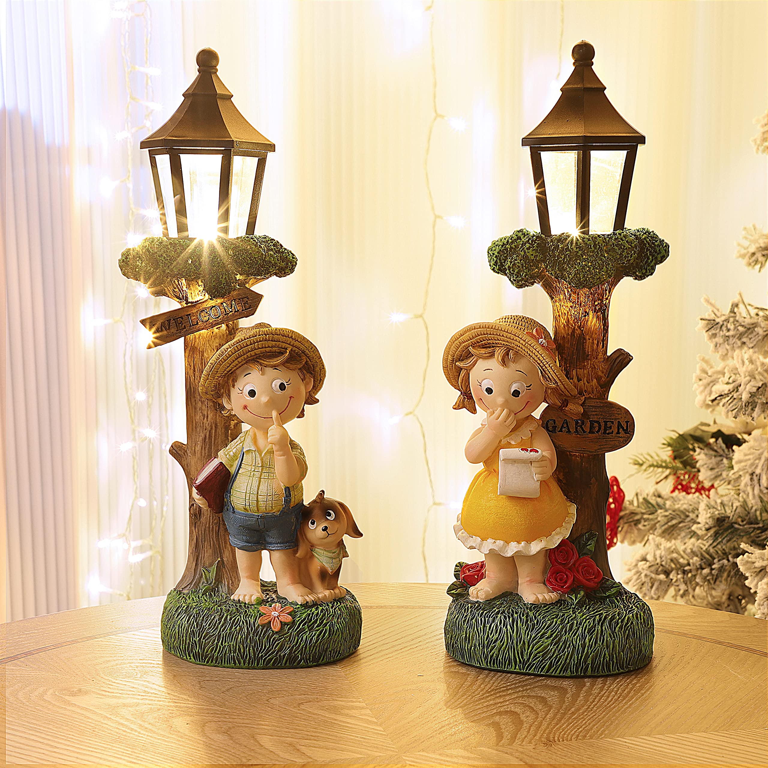 Joliyoou 2 Pack Anniversary Couples Gifts, 11.4" Light Up Resin Boy and Girl Lamppost Figurines Spring Tabletop Shelf Centerpieces, Valentine's Day Wedding Garden Patio Welcome Sign Ornament