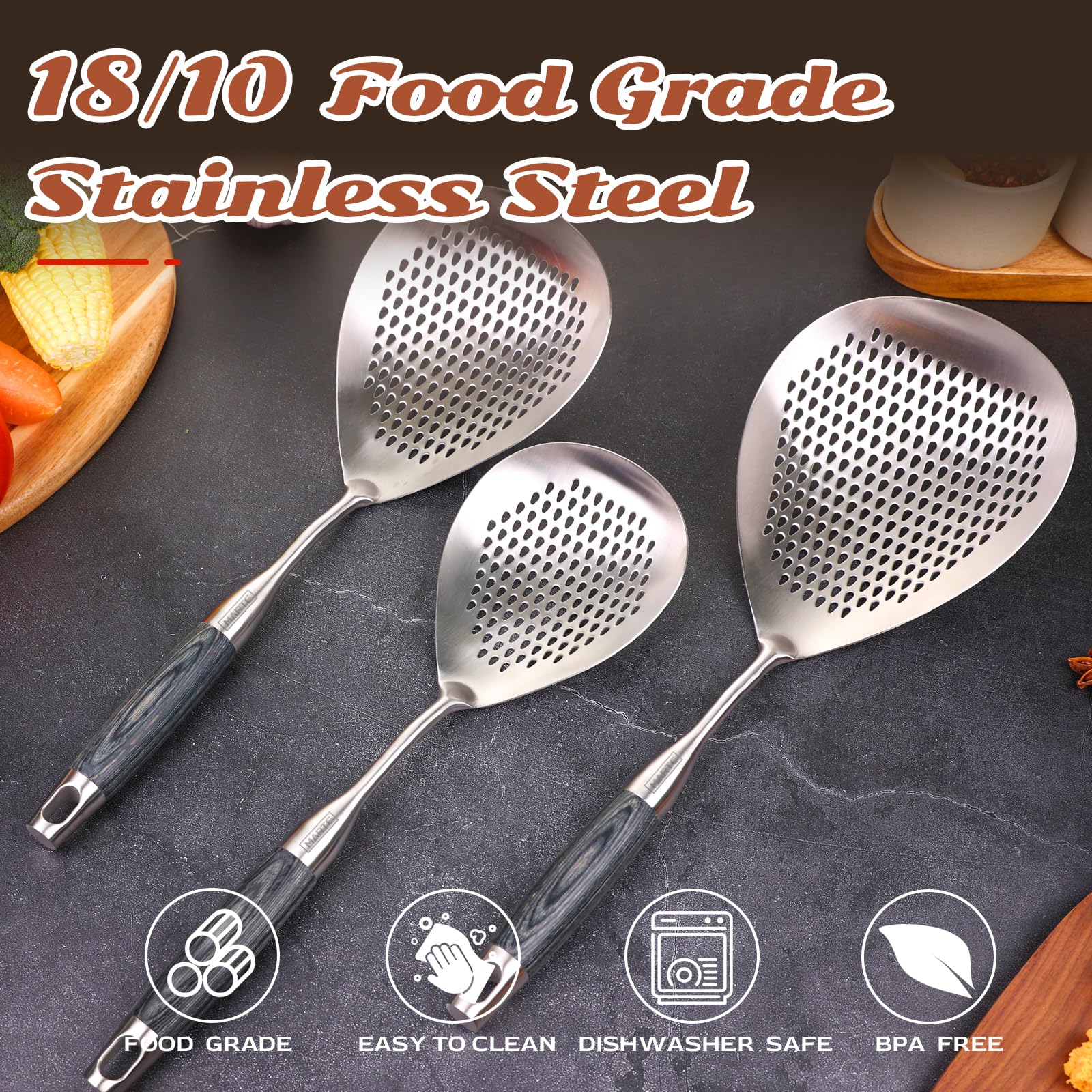 Skimmer - Juego de 4 cucharas ranuradas asiáticas, utensilios de cocina asiáticos, colador de araña, cuchara con soporte para freír alimentos, pasta, verduras, albóndigas, 14.8 pulgadas, 16.5