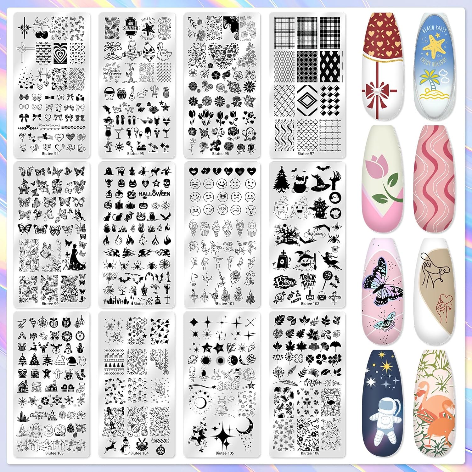 Biutee Nail Stamping Plate 16Pcs Nail Stamper Kit 12Pcs Nail Art Stamp Plates with Silicone Stamper, Scraper & Storage Bag, Stamping Plates Star Plaid Flower Butterfly Template Halloween Design Gift