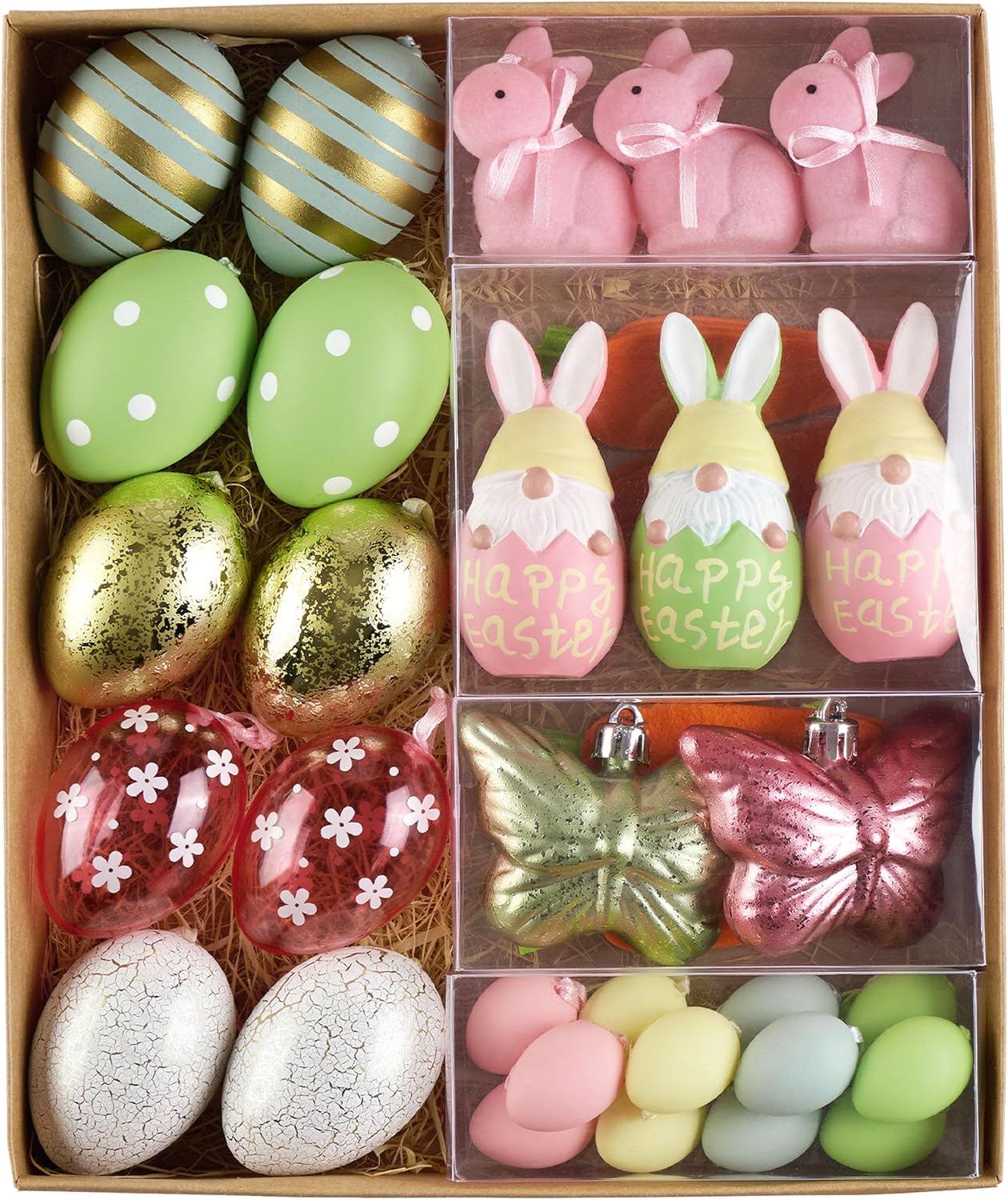 DecorbyHannah Easter Eggs Decorations, 40ct Easter Tree Ornaments for Basket, Shatterproof Colorful Pastel Plastic Hanging Decor with Bunny Rabbit, Carrot and Flower for Home Table Bowl Vase Filler