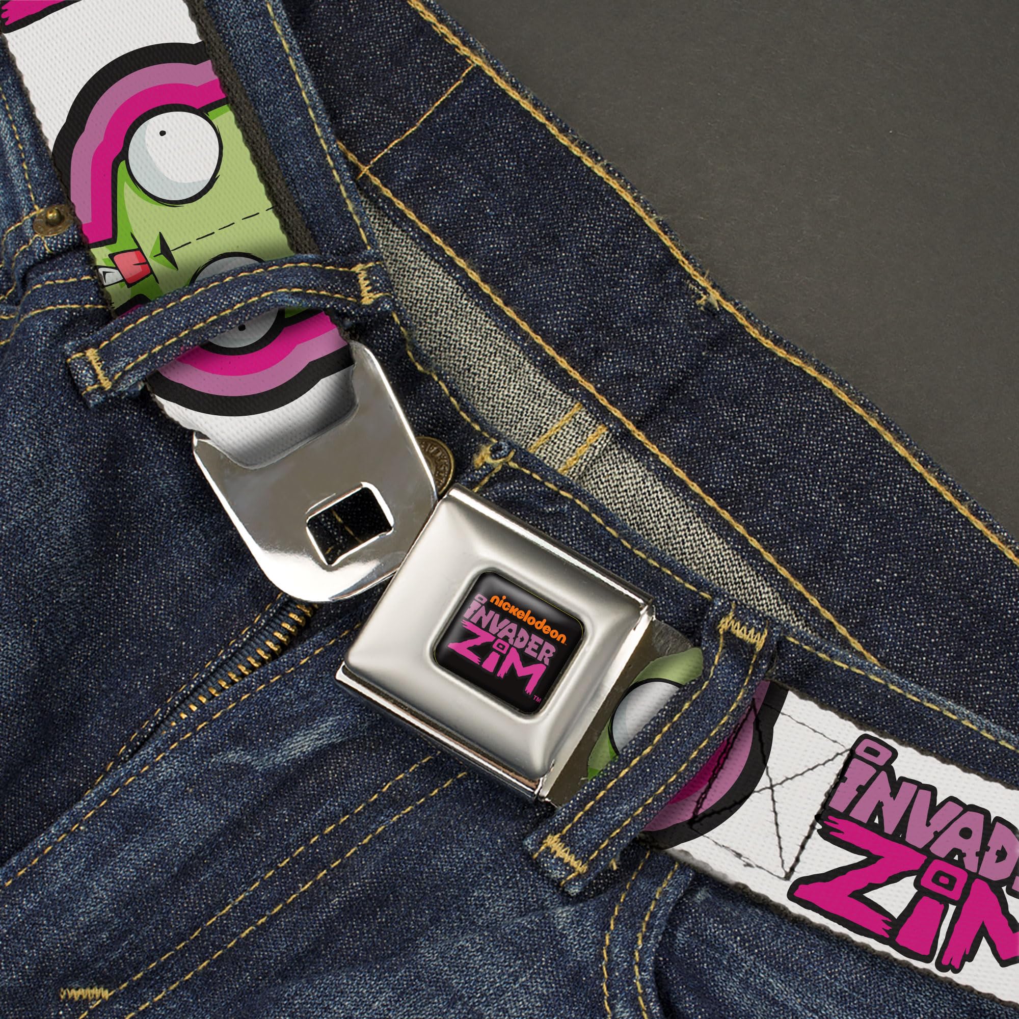Nickelodeon Belt, Seatbelt Buckle Belt, Invader Zim Title Logo and GIR Pose Close Up White Pinks, Youth 20 to 36 Inches