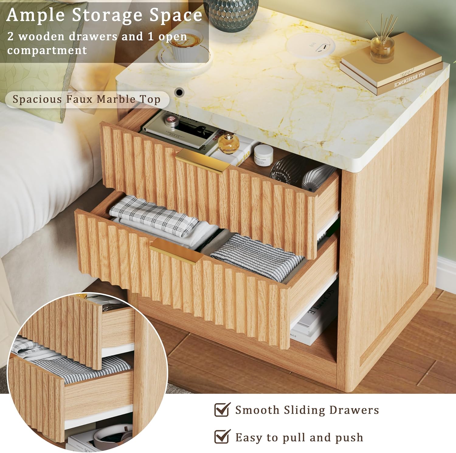 Fluted Nightstands Set of 2, 24'' Wooden Night Stand with Wireless Charging Station, Mid Century Modern Side Table with Faux Marble Top, Large End Table Set 2 with Drawers for Bedroom, Oak