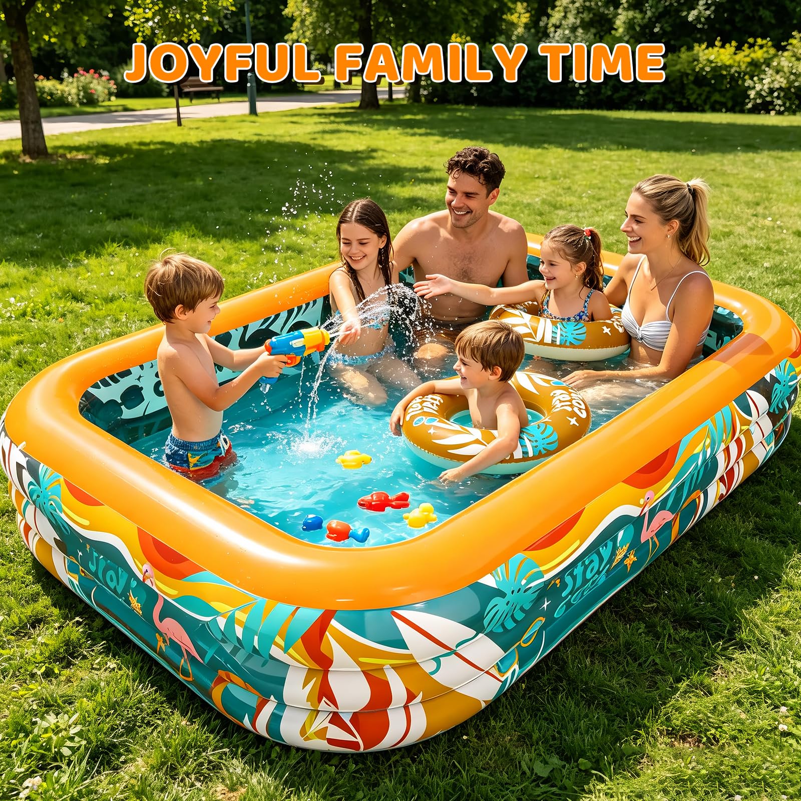 Skirfy Aufblasbarer Pool, 305 x 183 x 56 cm XXL Gartenpool, Verdickter Kinderpool für Erwachsene & Kinder, 2 Schwimmringe,Sommer Outdoor Pool für Garten