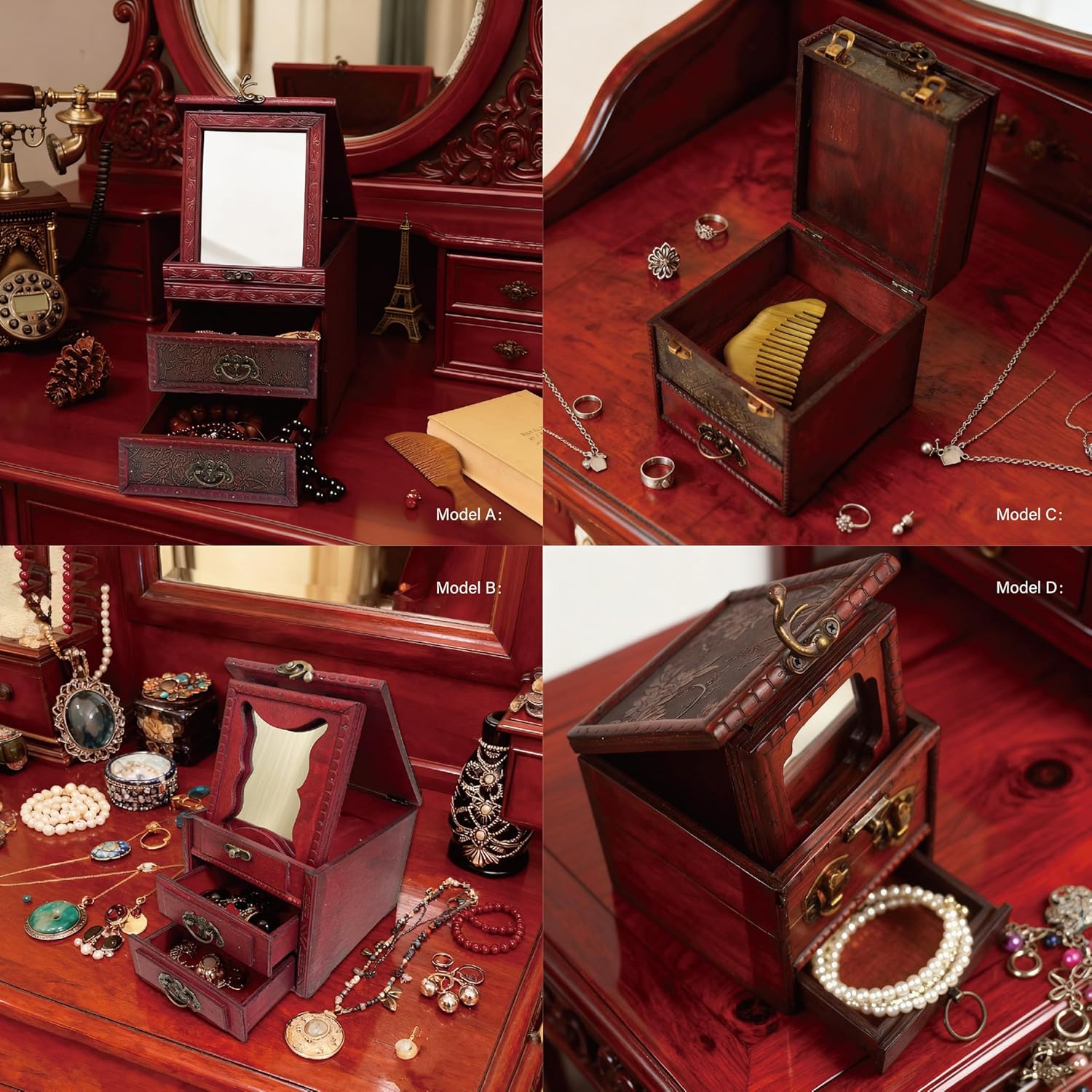 Wooden Antique Vintage Gothic Jewelry Box for Women,Witchy Jewelry Box with Drawer & Mirror,Perfect Mom Gifts for Mother's Day, Women & Girls Ring Necklace Earring Organizer (B)