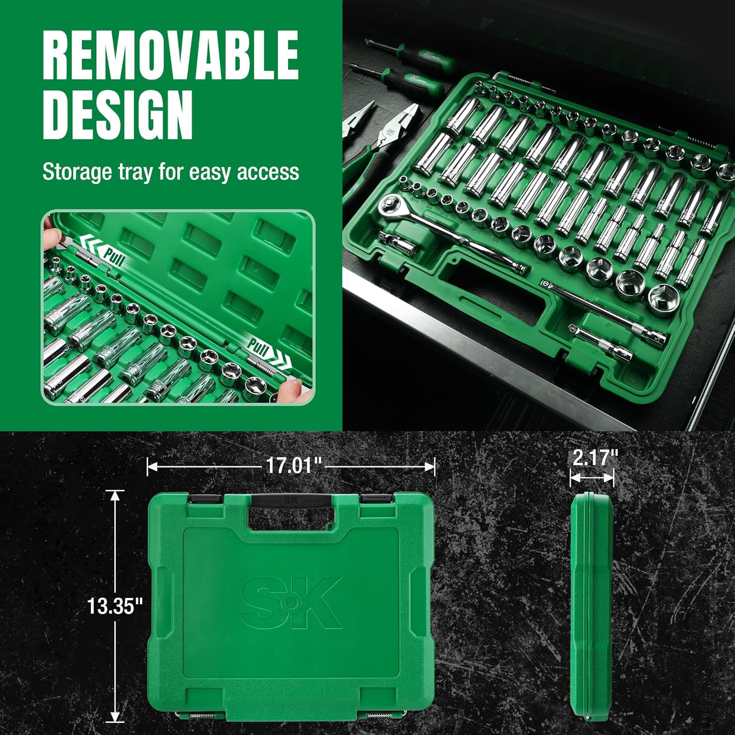 SK 3/8" Drive Socket Set with 216-P Ratchet, 55-Piece, SAE & Metric, SuperKrome Finish, Premium CR-V Construction, with Storage Suitcase