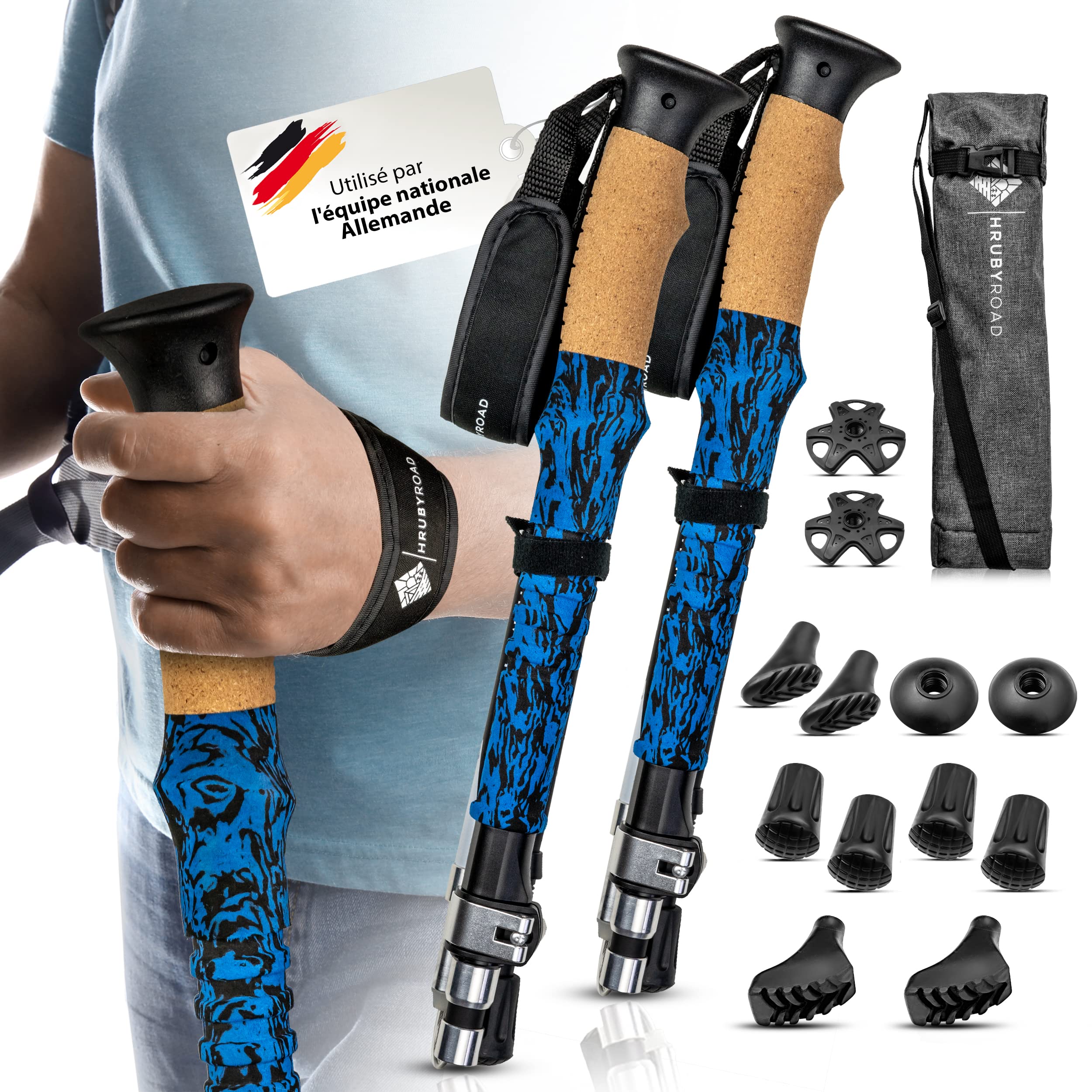 HrubyRoad® Bâtons de randonnée télescopiques | Bâtons de Marche Nordique pour Femmes et Hommes | Bâtons de Trekking Ultra-Stables [avec 6 Embouts]