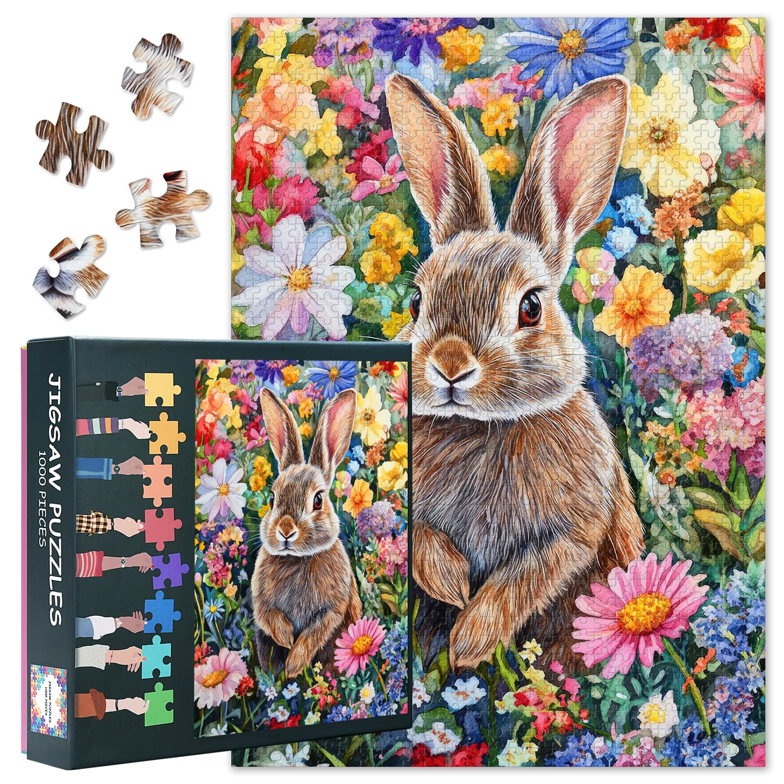 1000-Piece Rabbit & Blooming Meadow Jigsaw Puzzle for Adults - Vibrant Floral Wildlife Art with Premium Puzzle Board, Challenging Animal Theme Puzzles for Adults(27.5x19.7 Inches)