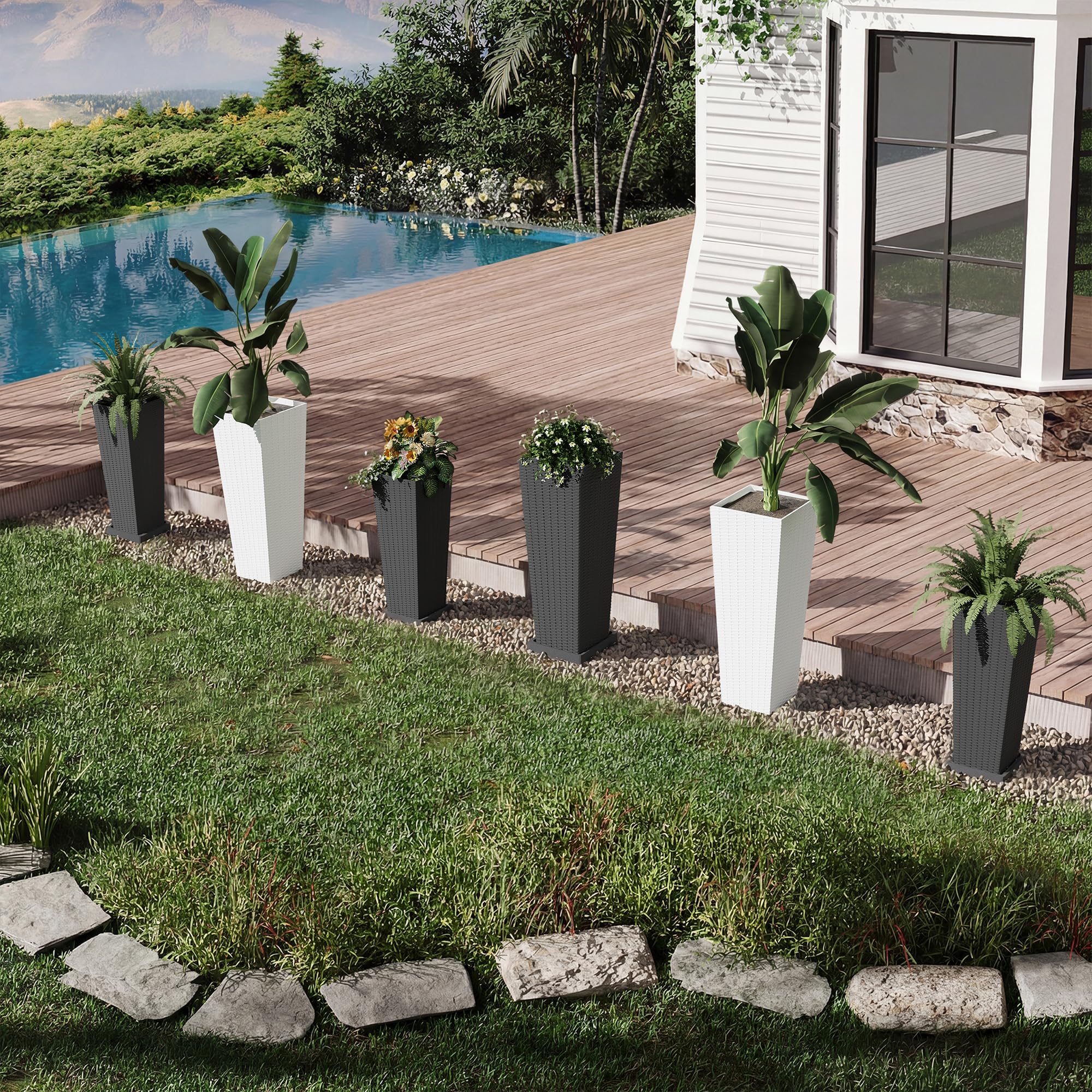 Maceteros Grandes de Exterior e Interior Pack de 2, Jardineras Altas de Plástico Resistente con Agujeros de Drenaje y Maceta Interior Extraíble, Set de 2 Macetas Decorativas Blancas para Plantas