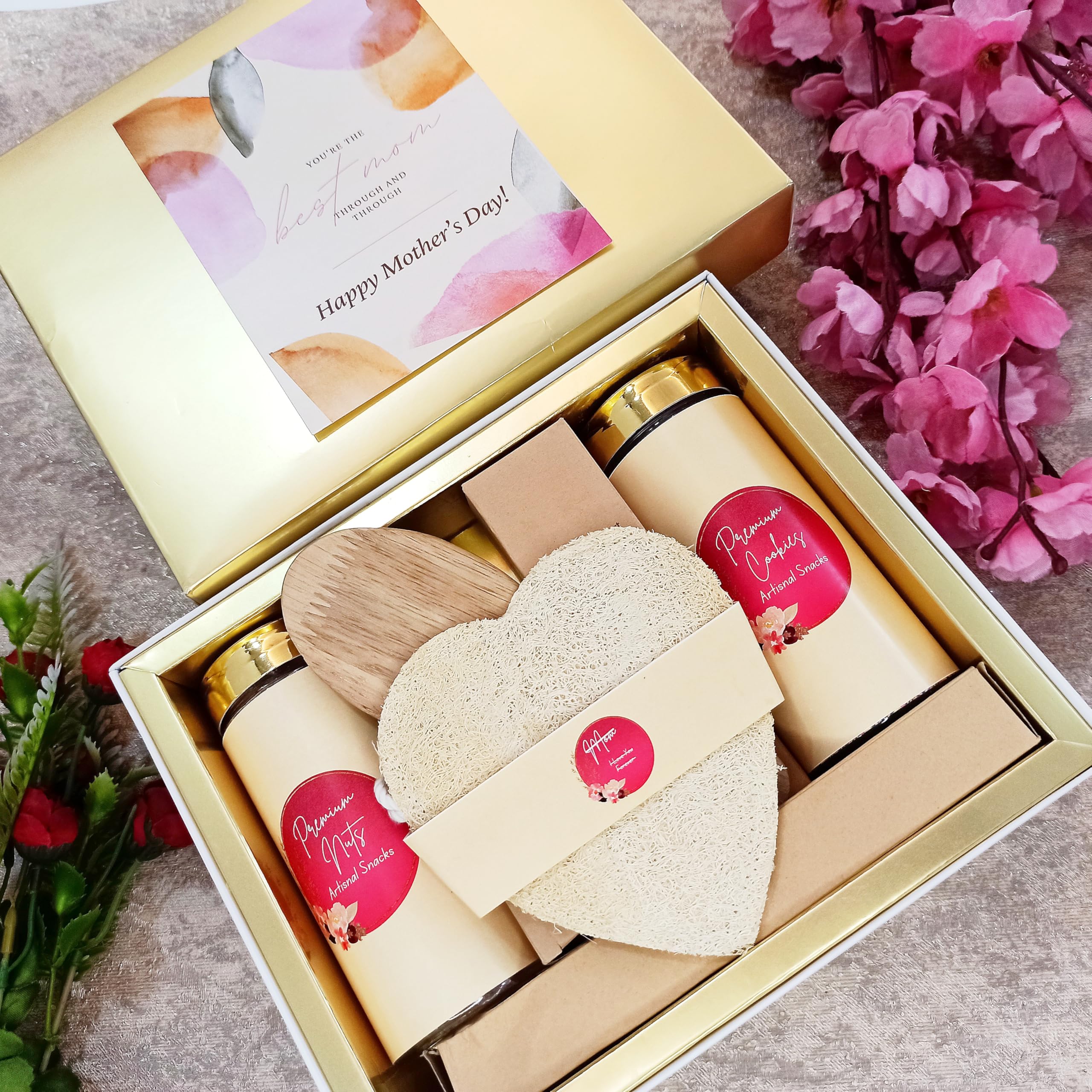 Nutrisnacksbox Mother's Day Gift Hamper for Mom with Smile Kit, Vanity Kit, Sunscreen Lotion, Lip Butter, Wooden Hair Brush, Dental Floss, Vegetable Loofah, Premium Cookies 100g and Premium Chocolate 100g