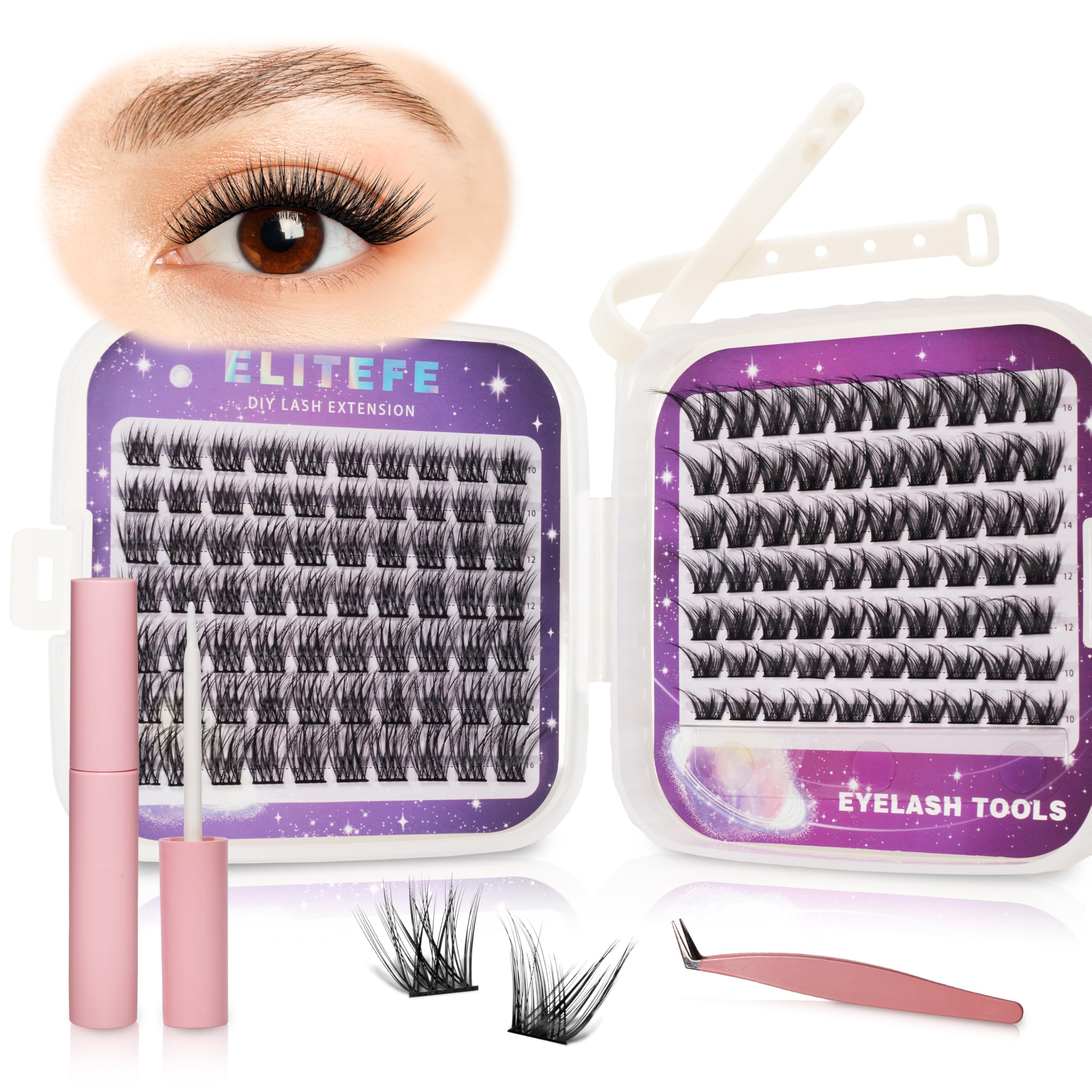 Elitefe Lash Extension Kit DIY Lash Clusters Kit Eyelash Extensions Individual Lashes Extensions with (Lash Bond,Tweezers,280Pcs, Dress+Flowers,10-16)