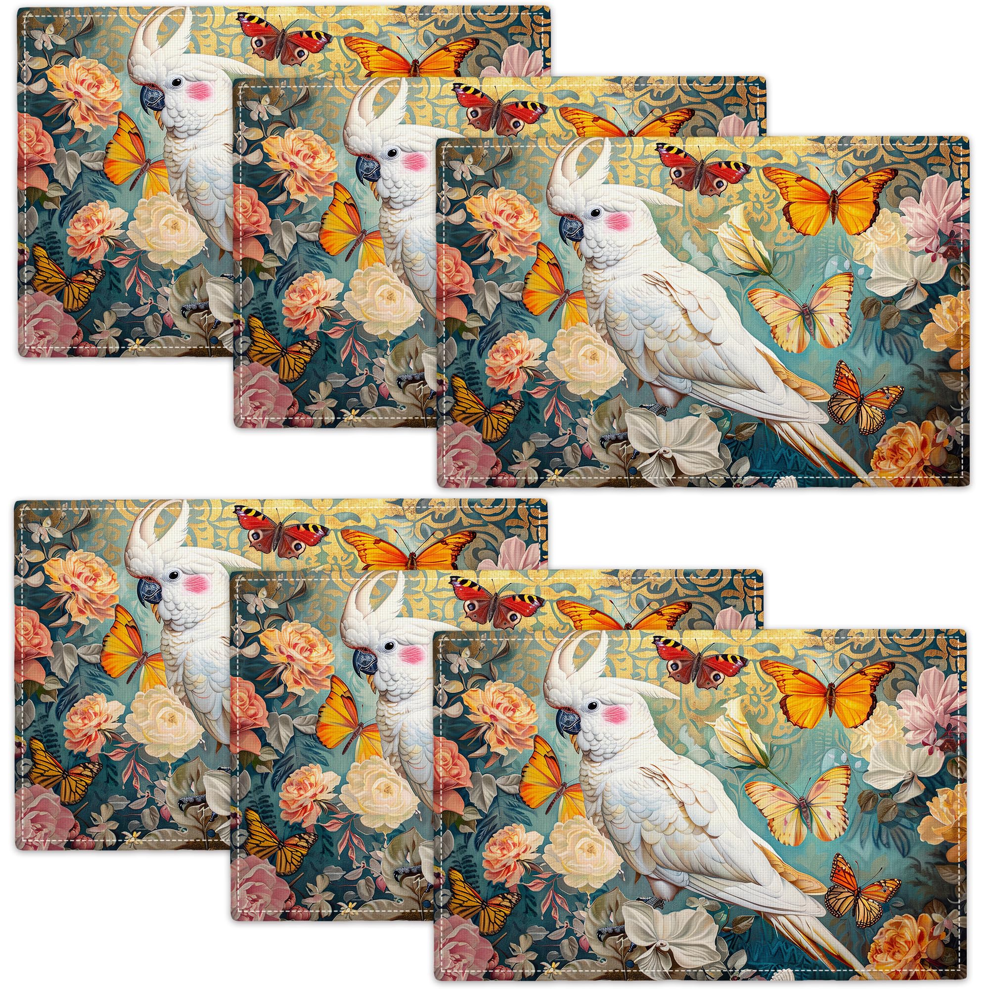 Birds Parrot Placemats Set of 6 Medieval Classics Floral Flower Butterfly Table Mats Washable Place Mats for Home Party Indoor Kitchen Dining Table