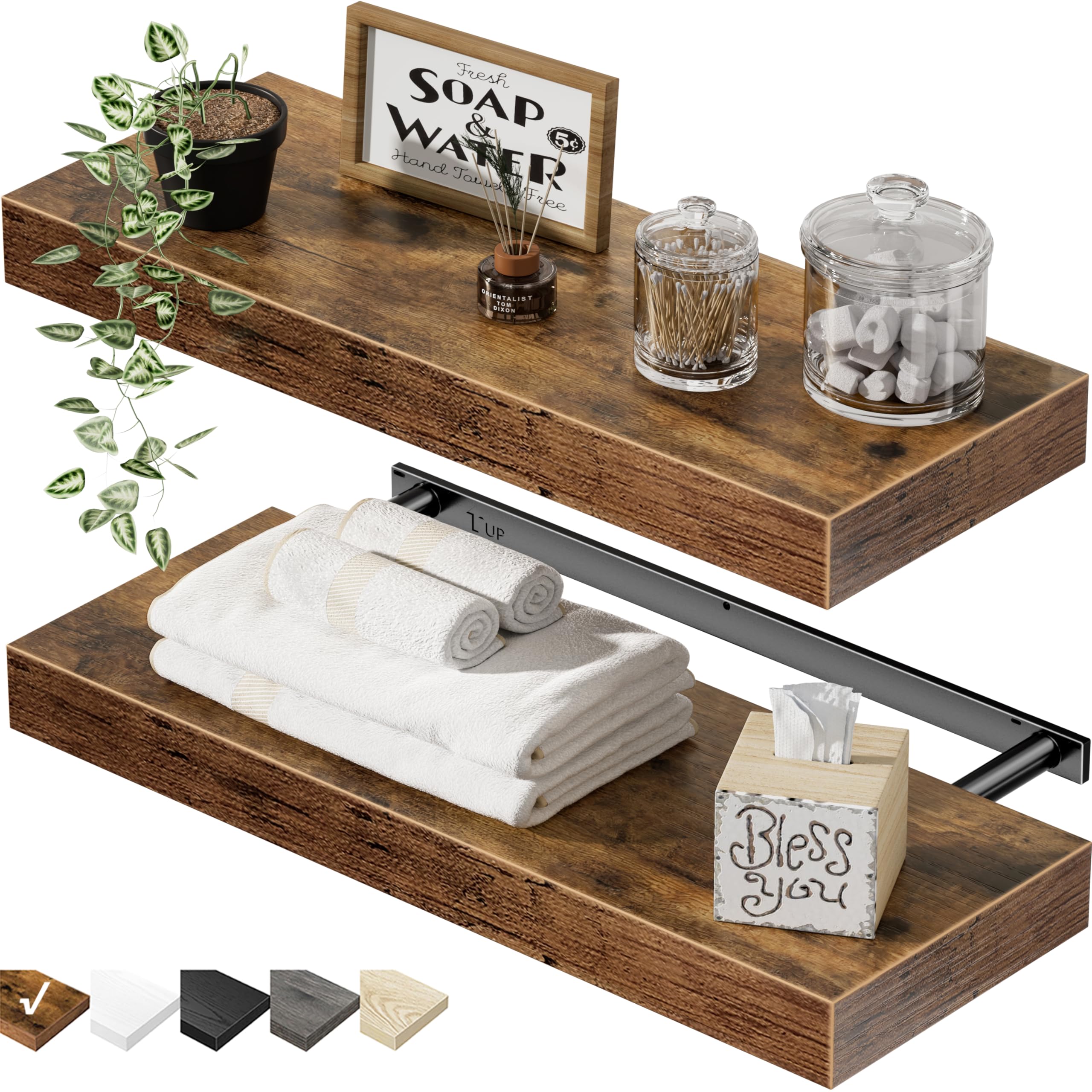 QEEIG Bathroom Floating Shelves for Wall - 15.7" Wall Mounted Shelf Over Toilet Farmhouse Home Decor Display Bookshelf Small 15.7 x 6.7 inch Set of 2, Rustic Brown (008-40BN)