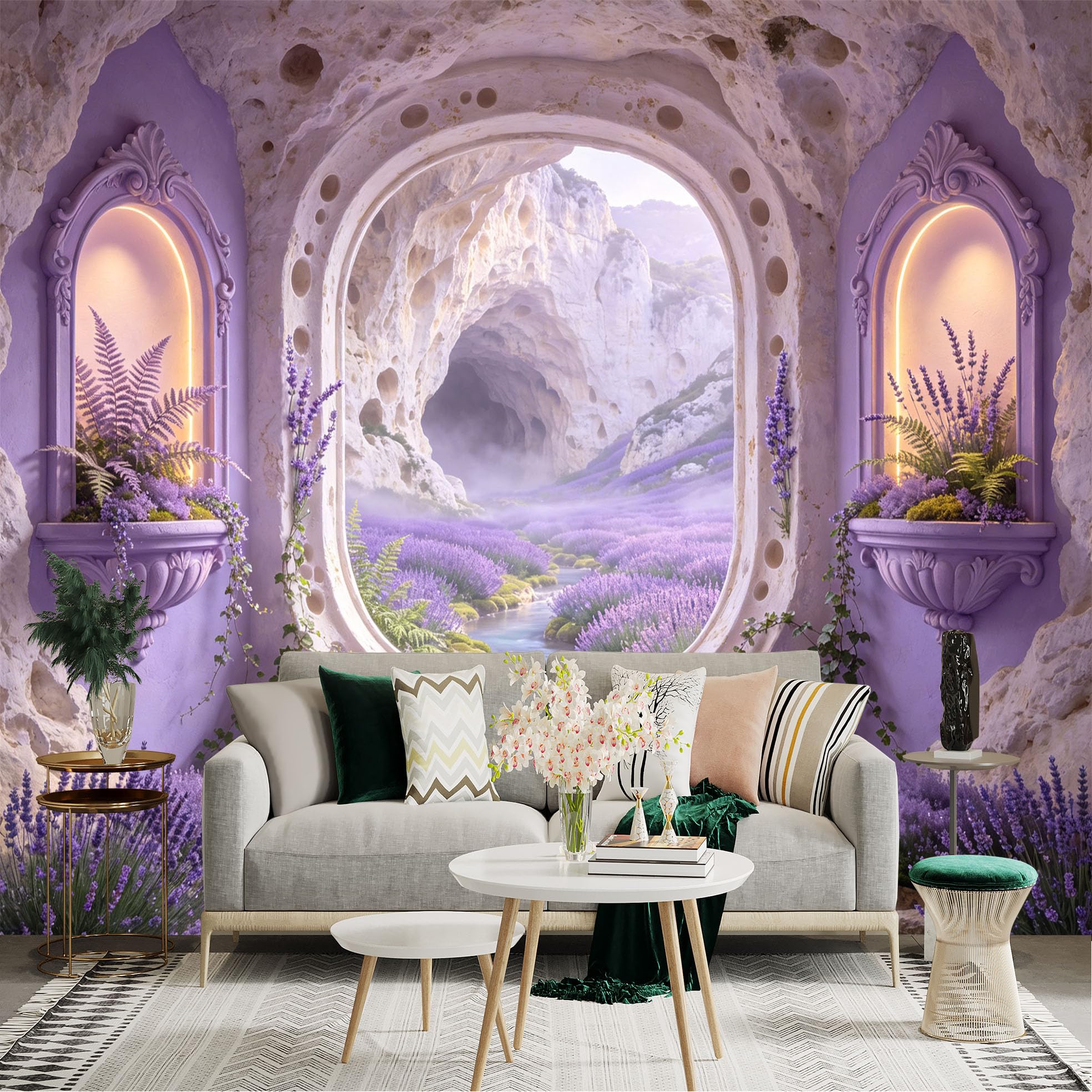 Custom Size Wall Sticker Mural， Lavender Cave with River， Purple Flowers and Decorative Arch， for wall Decoration， peelandstick wall Decals.