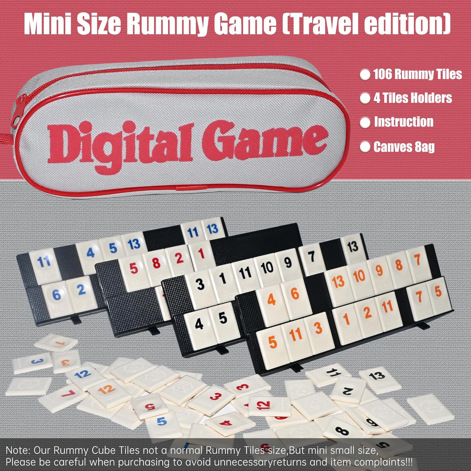 Mini Rummy Cube Set- Portable Rummy Cube Board Game Set with Canvas Bag, 106 Tiles & 4 Racks (2-4 Players) | Compact Travel Games for On-The-Go Fun