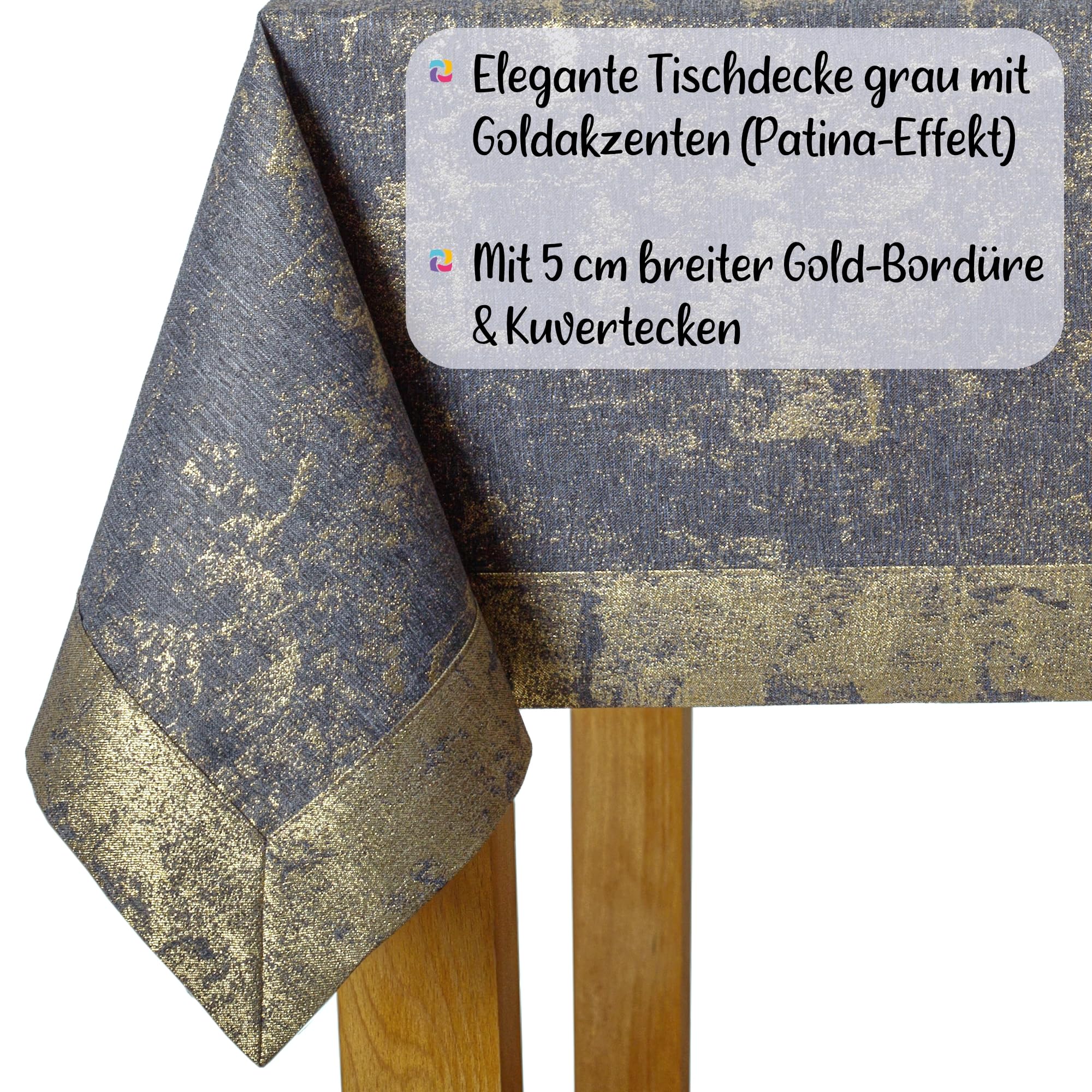 Tischdecke Grau Gold 140x220 - modernes Tischtuch aus Polyester mit Goldakzenten, wasserabweisend mit Lotuseffekt, hochwertiger Kuvertsaum 5 cm, Fleckschutz, pflegeleicht - O5-6112-2502-Z