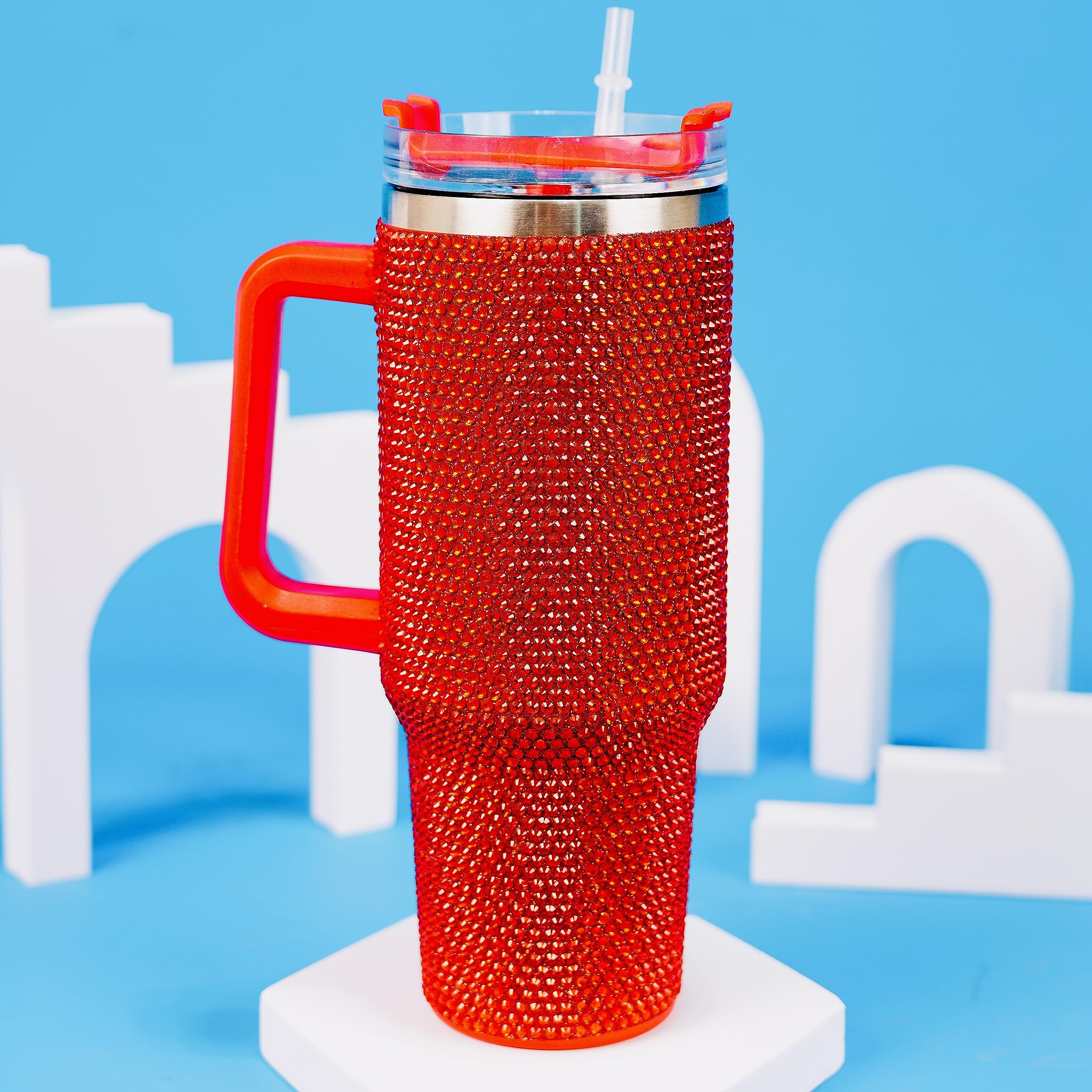 Trinkbecher mit Griff, Strasssteine, Trinkbecher mit Deckel und Strohhalm, isoliert, Edelstahl, doppelwandig, Reisebecher für Damen, 1,2 l, Rot