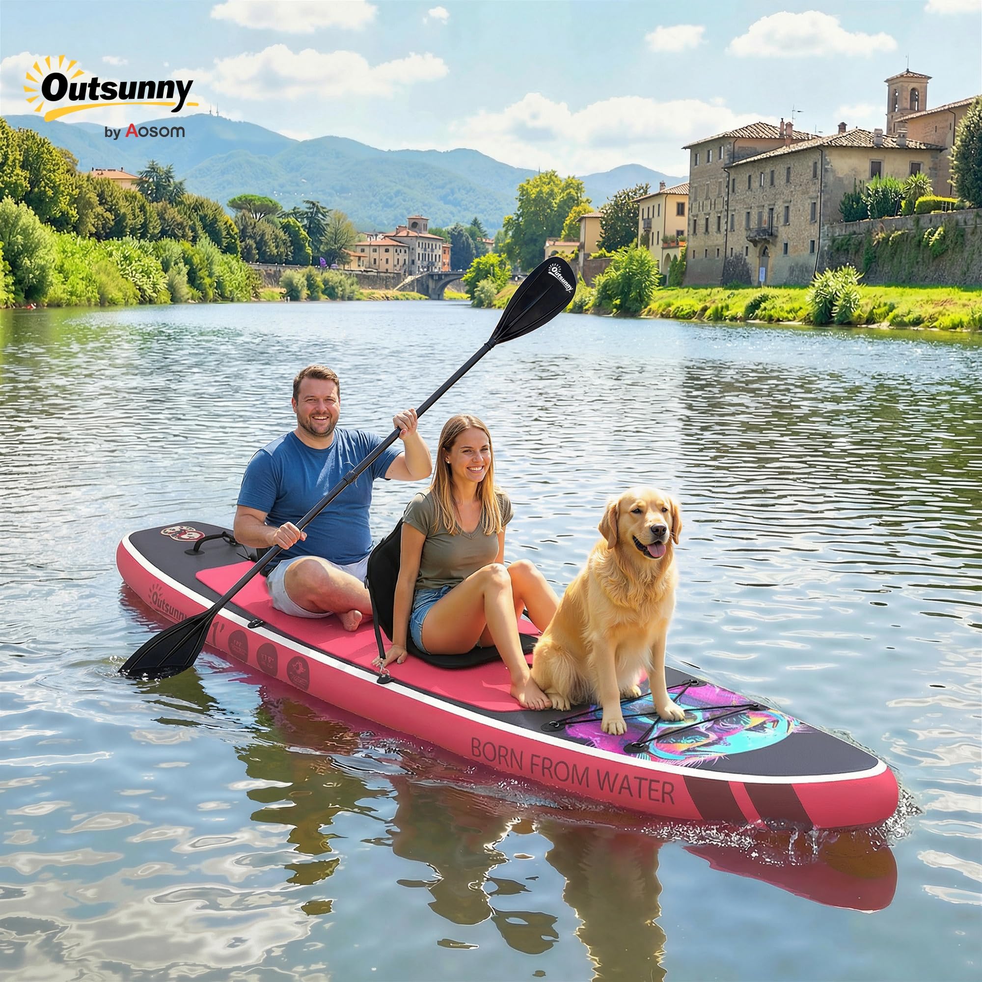 Outsunny Tavola Sup Gonfiabile Adulti, 335 cm Extra-Lunga Stand Up Paddle Board con Sedile, Pagaia Convertibile, Ponte Antiscivolo, Zaino, Pompa, 3 Pinne, Custodia Telefono Impermeabile, Carico 180kg