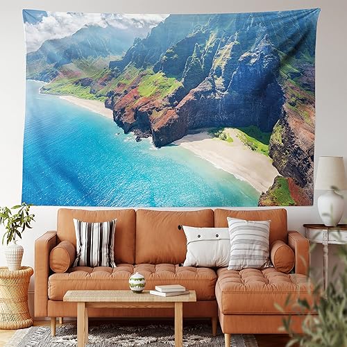Miniatura 46 de Ambesonne Tapiz hawaiano, Costa Na Pali en la isla de Kauai en Hawái, día soleado, horizonte de montaña, colgante de pared para dormitorio, sala