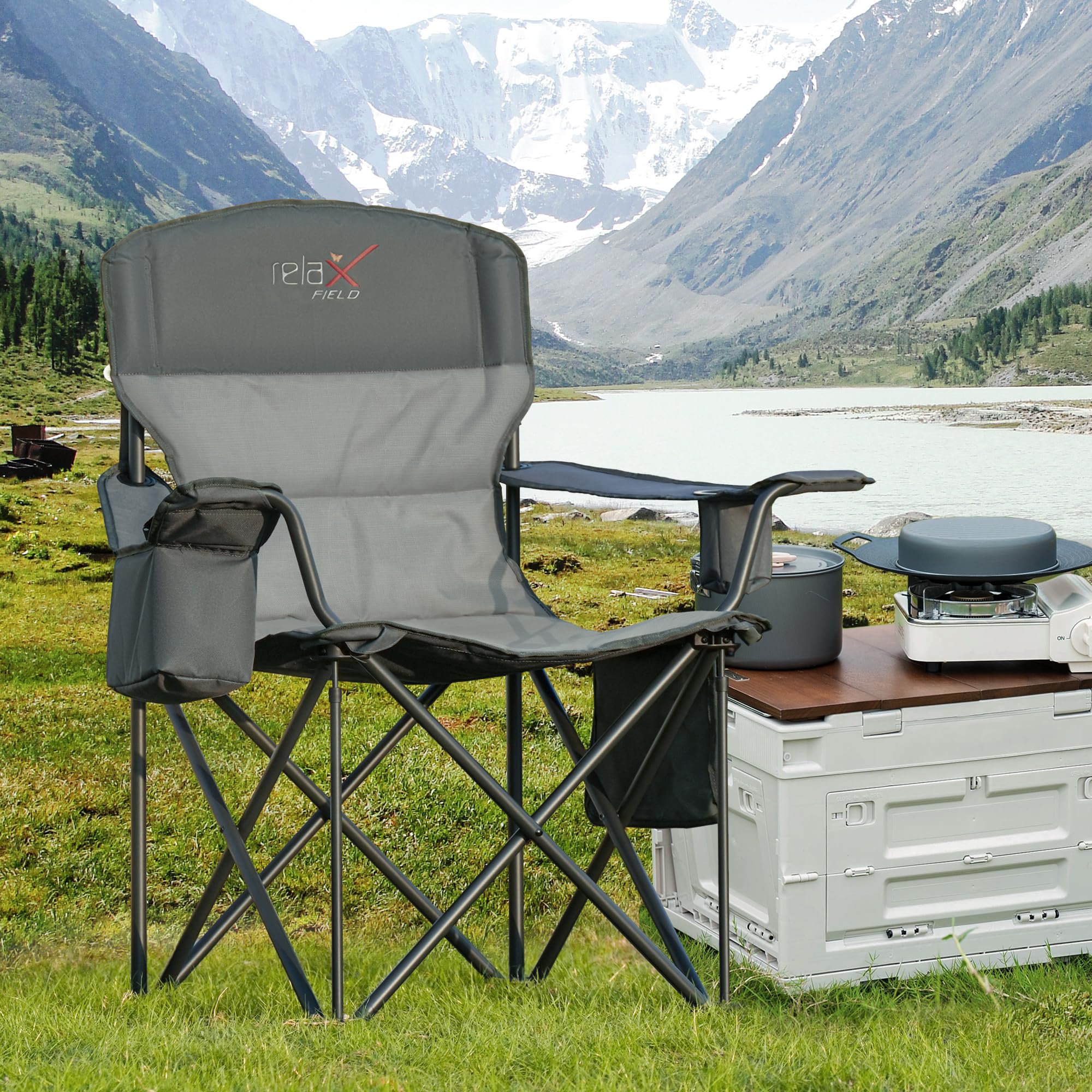 Relax FIELD Campingstoelen 200KG, Extra Grote Klapstoel Visstoel met Hoge Rugleuning en Bekerhouder, voor Tuin, Picknick, Strand