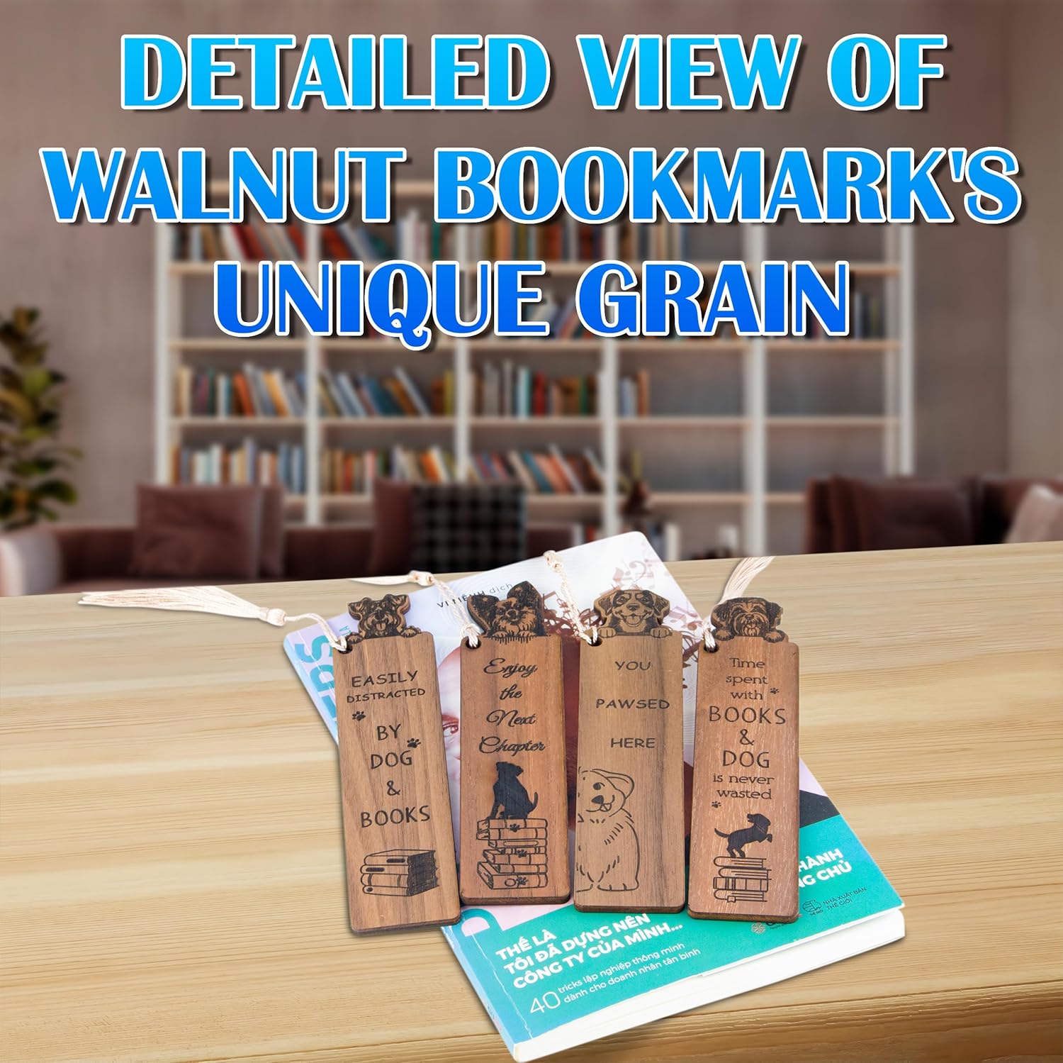 Dog Bookmark Set - 4 Wooden Bookmarks with Tassels, Walnut Wood, Funny Gift for Men & Women, Novelty Book Lovers' Gift, Christmas Stocking Stuffer - Image 6