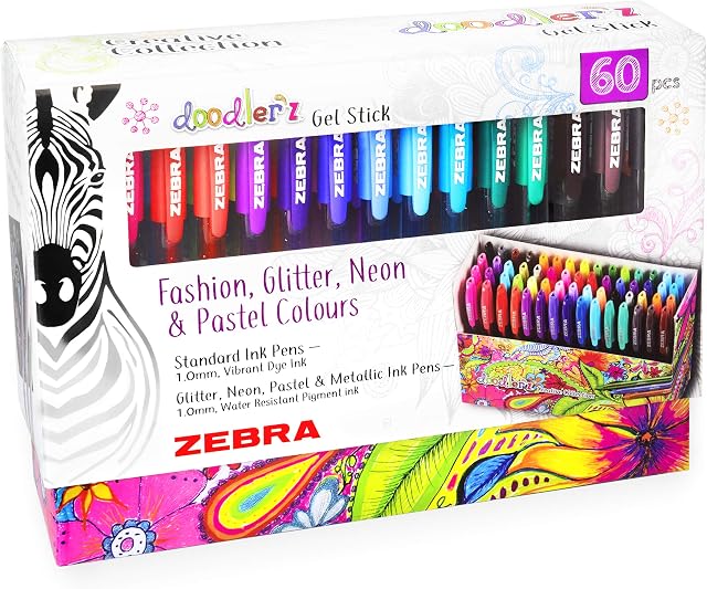 Zebra Doodler'z Gel Stick Pens - 1.0mm - Fashion, Glitter, Neon and Pastel Colours - Gift Box of 60 Pens
