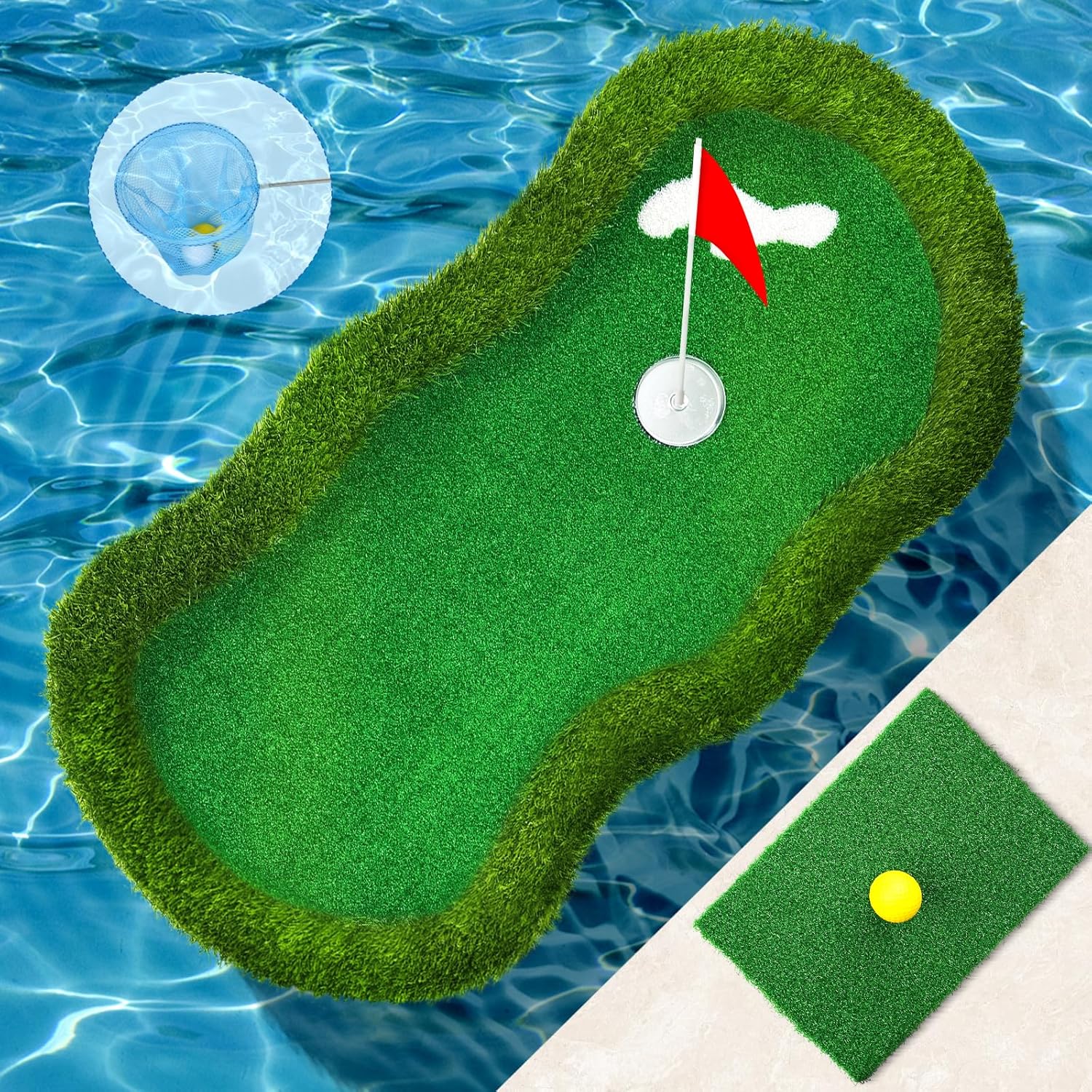 Floating Golf Green for Pool Large Size 47" x 24" Floating Putting Green for Pool, Lake with Ball Retriever & Anti-Drift Ropes for Golfers to Competitive Play and Skill Practice in Outdoor