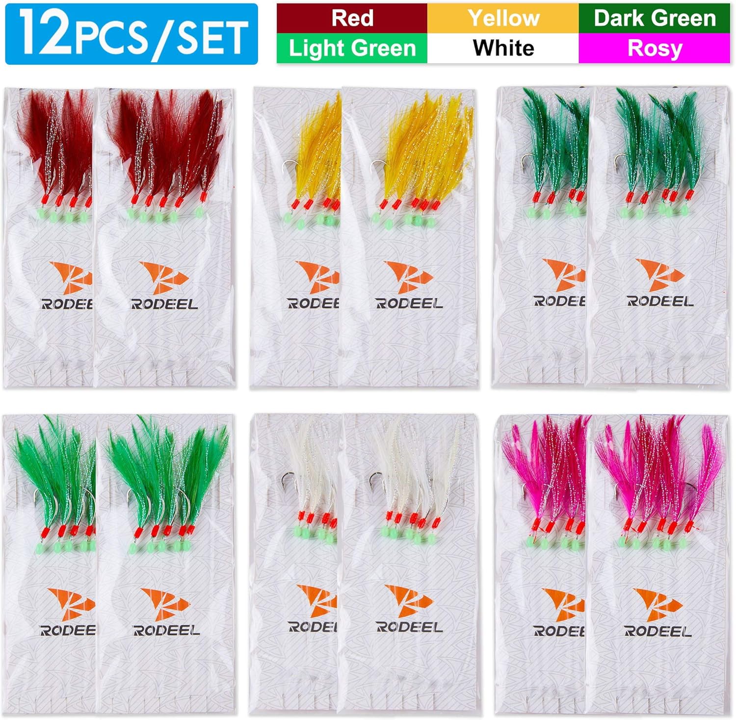 Rodeel 12 Packs/60 Hooks Mackerel Feathers Sea Boat Beach Pier Lure Fishing Rigs, 5 Hook Positions/Feather Rig，6 Colors Selection Pack : Sports & Outdoors